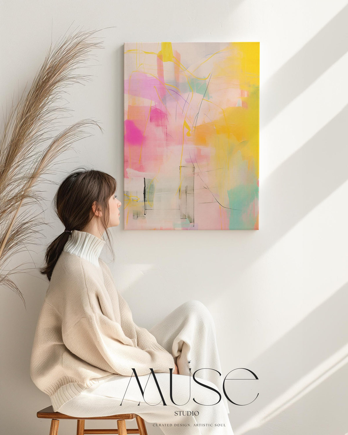 Bright abstract painting in vertical orientation featuring bold blends of yellow, pink, orange, and turquoise with layered linear details. The expressive brushwork and energetic palette bring a playful yet curated feel, aligning with boho decor and color pop interiors. Ideal for vertical placements like entryways, hallways, or feminine bedrooms. Available as a fine art poster or canvas wall art for curated, color-forward decor.