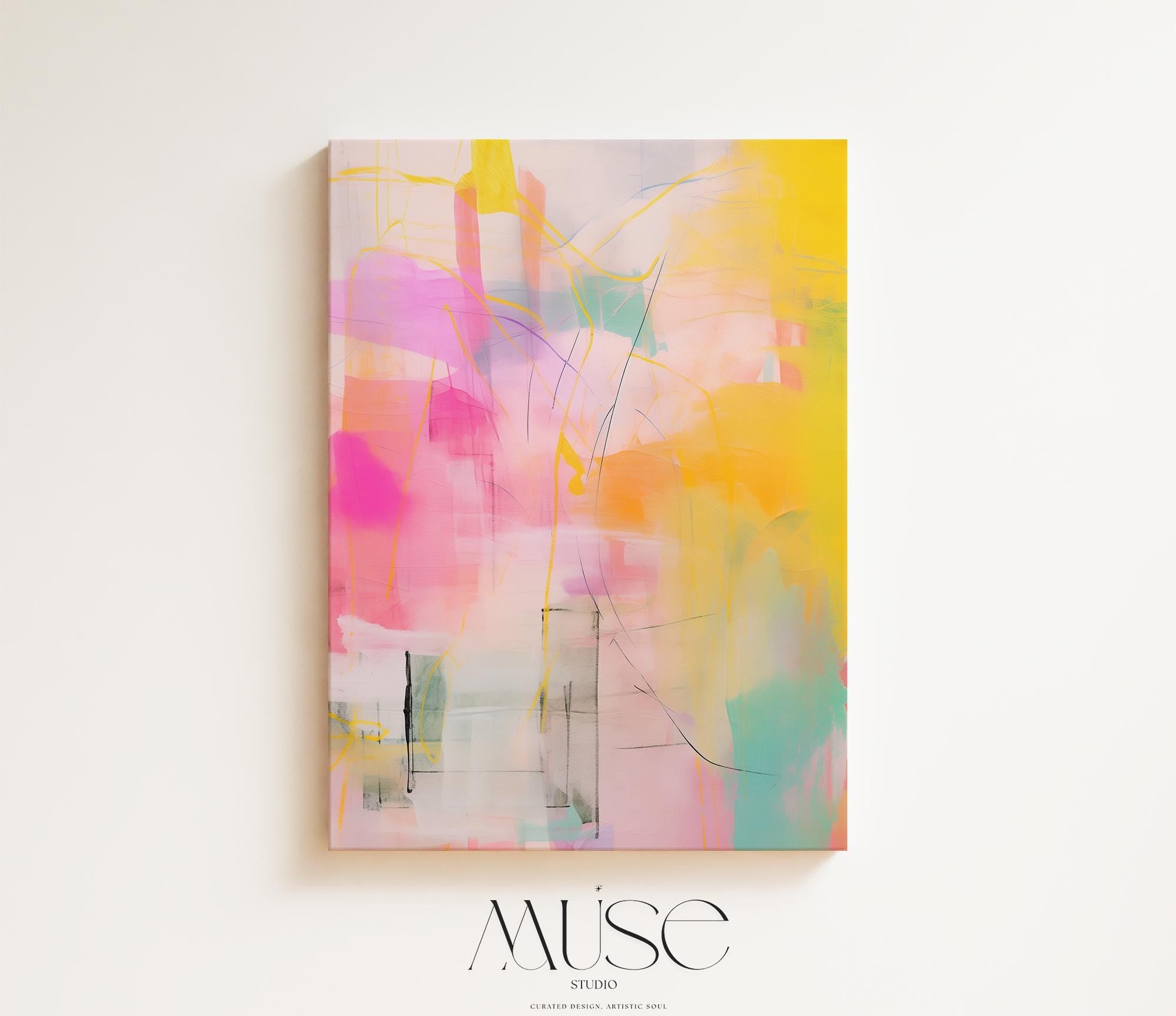 Vertical colorful abstract wall art featuring yellow, pink, and turquoise brushstrokes in a boho-inspired style. Ideal for bright, joyful living rooms or creative studio spaces. Available as large canvas or framed wall art by Muse Studio.