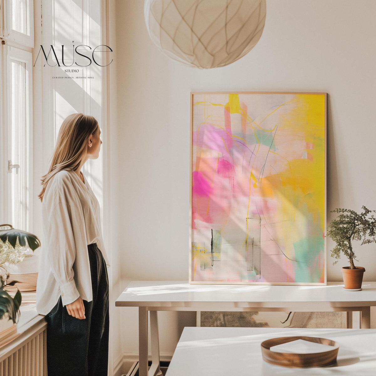 Bright abstract painting in vertical orientation featuring bold blends of yellow, pink, orange, and turquoise with layered linear details. The expressive brushwork and energetic palette bring a playful yet curated feel, aligning with boho decor and color pop interiors. Ideal for vertical placements like entryways, hallways, or feminine bedrooms. Available as a fine art poster or canvas wall art for curated, color-forward decor.
