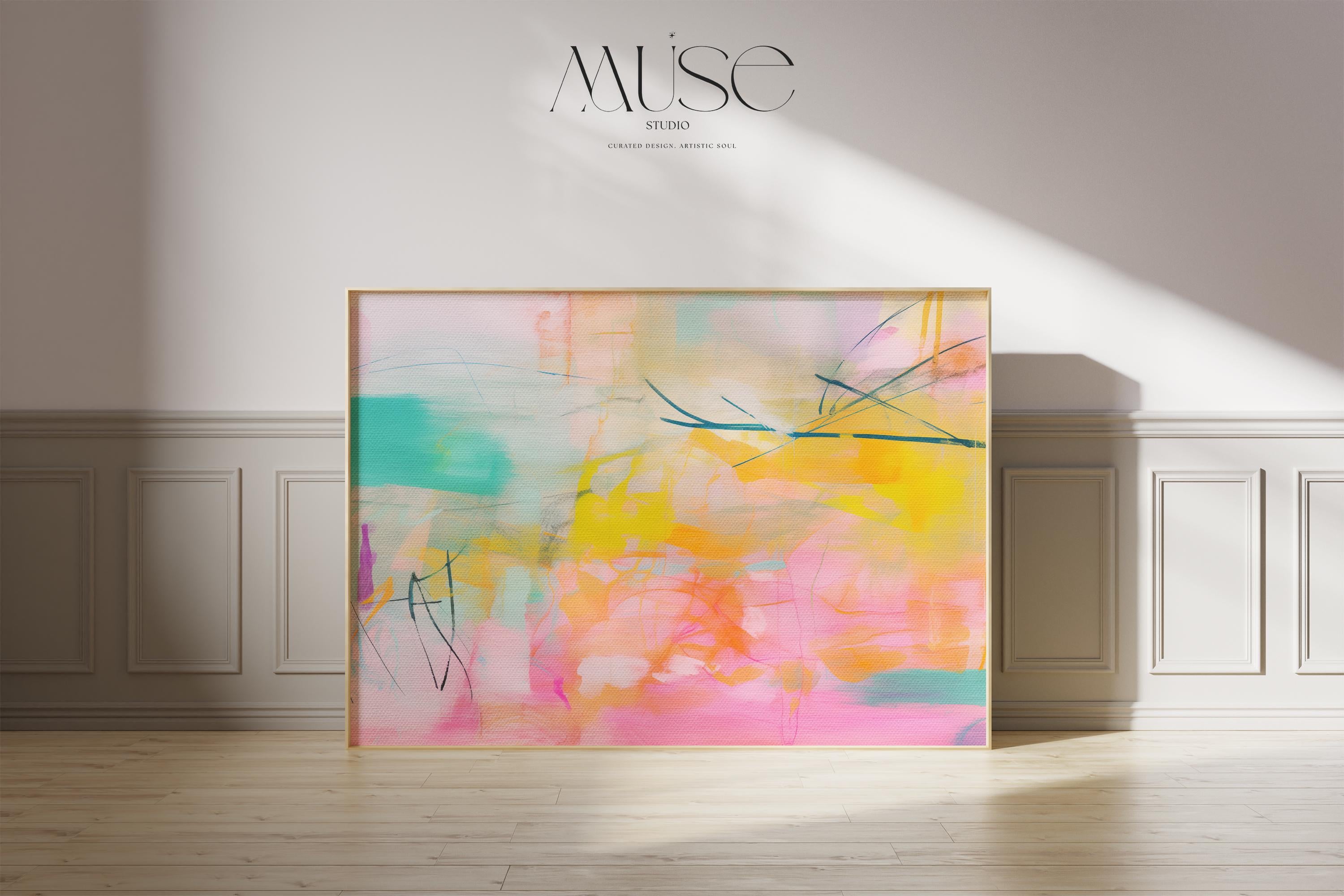 Colorful horizontal abstract painting in vibrant pink, yellow, and turquoise, layered with fluid brushstrokes and fine linear details. This cheerful composition is ideal for boho and color pop decor styles, perfect for brightening up living rooms, creative spaces, or modern apartments. Available as a fine art poster or canvas wall art for curated, color-forward decor.