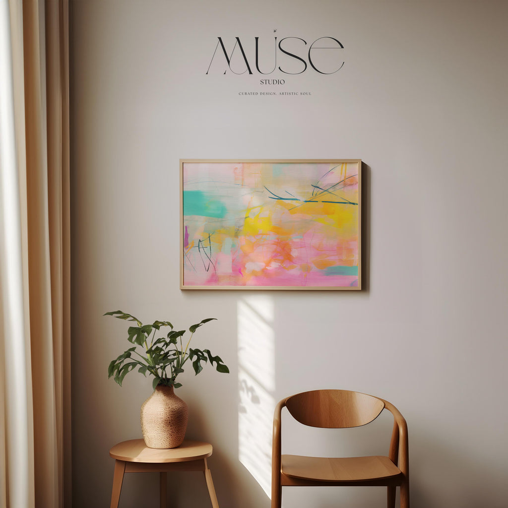Colorful horizontal abstract painting in vibrant pink, yellow, and turquoise, layered with fluid brushstrokes and fine linear details. This cheerful composition is ideal for boho and color pop decor styles, perfect for brightening up living rooms, creative spaces, or modern apartments. Available as a fine art poster or canvas wall art for curated, color-forward decor.