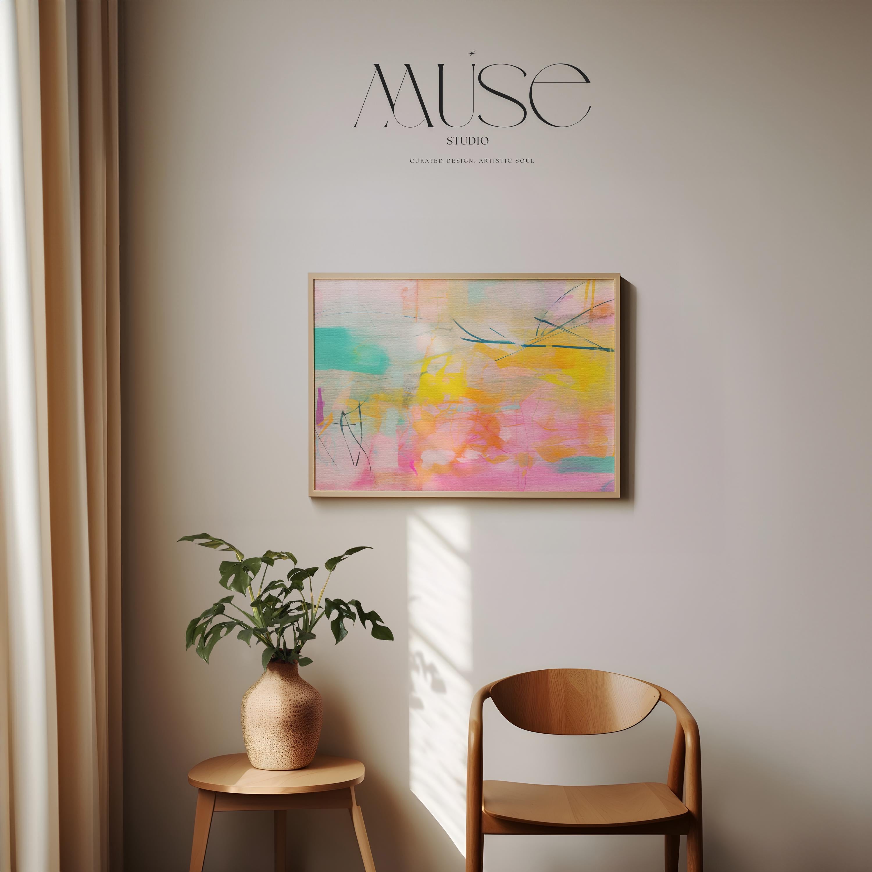 Colorful horizontal abstract painting in vibrant pink, yellow, and turquoise, layered with fluid brushstrokes and fine linear details. This cheerful composition is ideal for boho and color pop decor styles, perfect for brightening up living rooms, creative spaces, or modern apartments. Available as a fine art poster or canvas wall art for curated, color-forward decor.