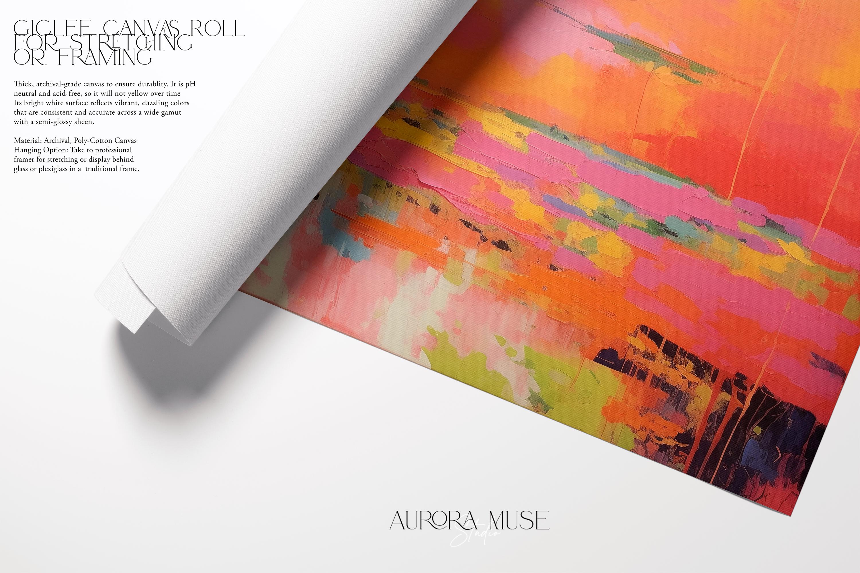 Vertical canvas wall art featuring bold sunset hues of pink, orange, coral, and lavender in a dreamy abstract landscape. Painted in expressive brushwork with glowing color fields, this piece blends beautifully with transitional or boho decor in bedrooms, entryways, or modern curated spaces. Available as a fine art poster or canvas wall art for curated, color-forward decor.
