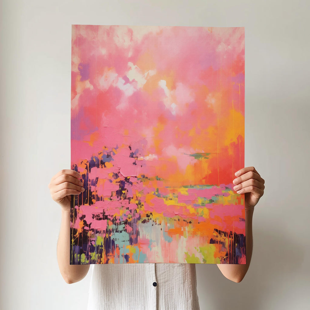 Vertical canvas wall art featuring bold sunset hues of pink, orange, coral, and lavender in a dreamy abstract landscape. Painted in expressive brushwork with glowing color fields, this piece blends beautifully with transitional or boho decor in bedrooms, entryways, or modern curated spaces. Available as a fine art poster or canvas wall art for curated, color-forward decor.