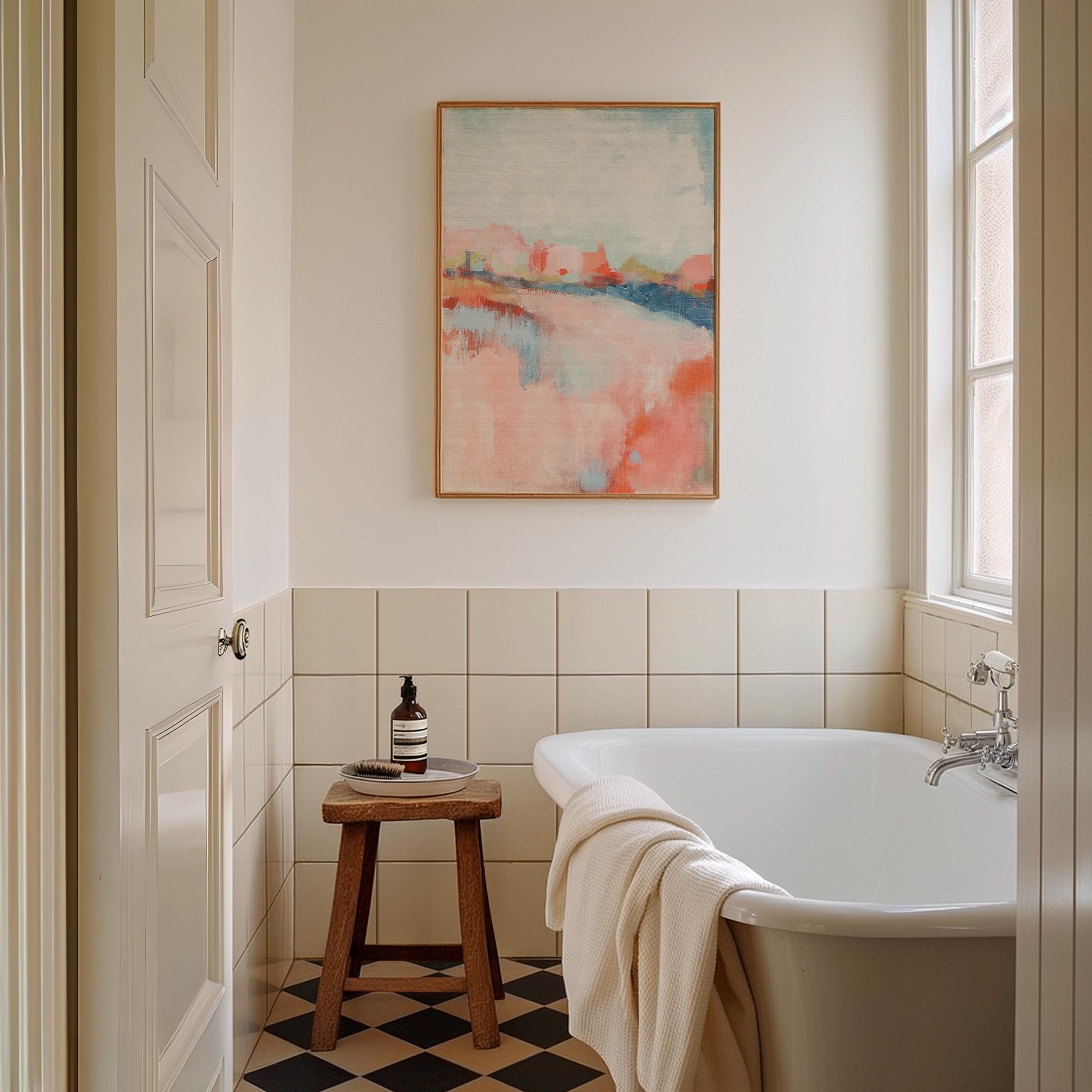 Abstract landscape canvas art featuring coral, soft blush, and blue tones in a peaceful painterly composition. Inspired by nature’s horizon, this vertical piece pairs beautifully with transitional, boho, or serene bedroom decor. Available as a fine art poster or canvas wall art for curated, color-forward decor.