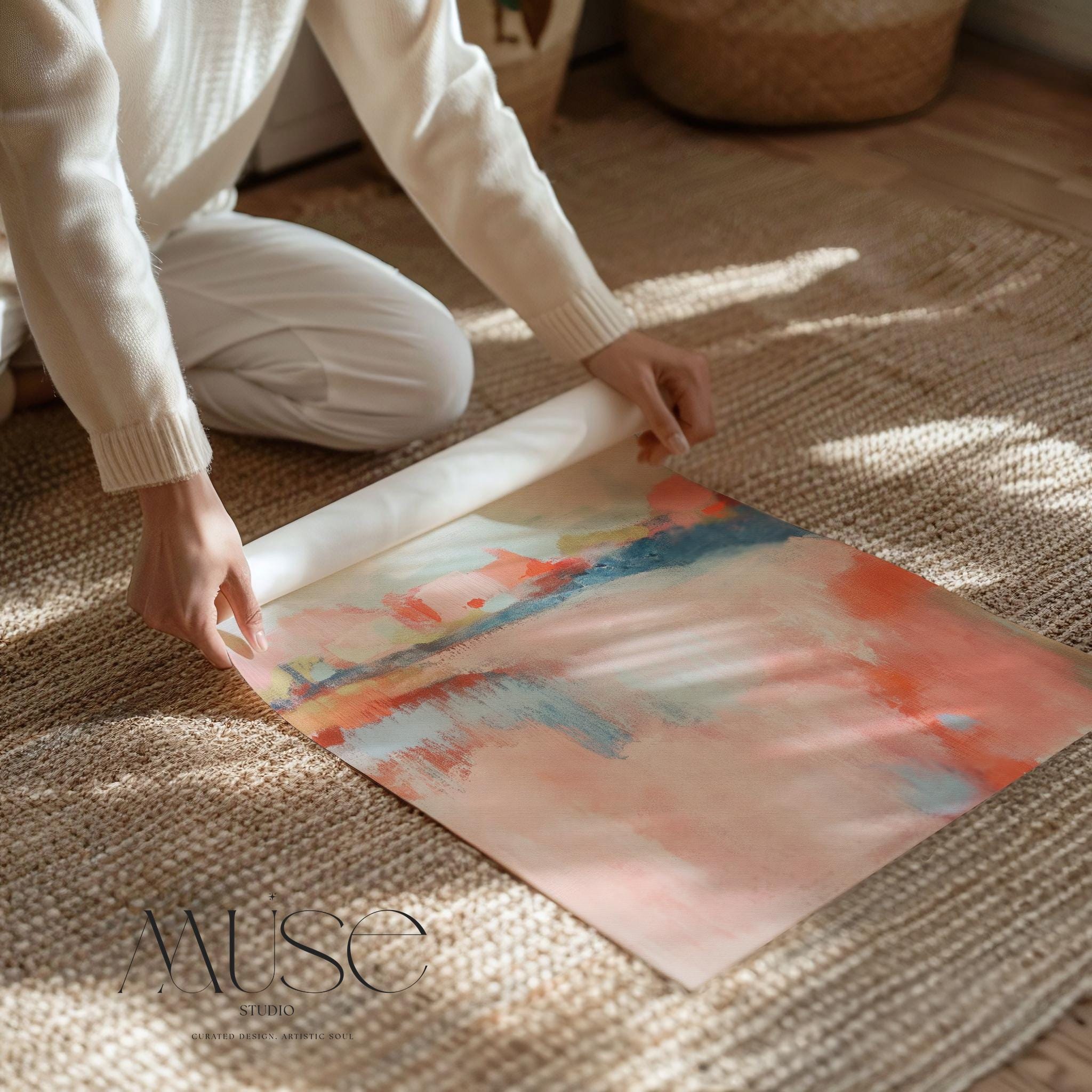 Abstract landscape canvas art featuring coral, soft blush, and blue tones in a peaceful painterly composition. Inspired by nature’s horizon, this vertical piece pairs beautifully with transitional, boho, or serene bedroom decor. Available as a fine art poster or canvas wall art for curated, color-forward decor.