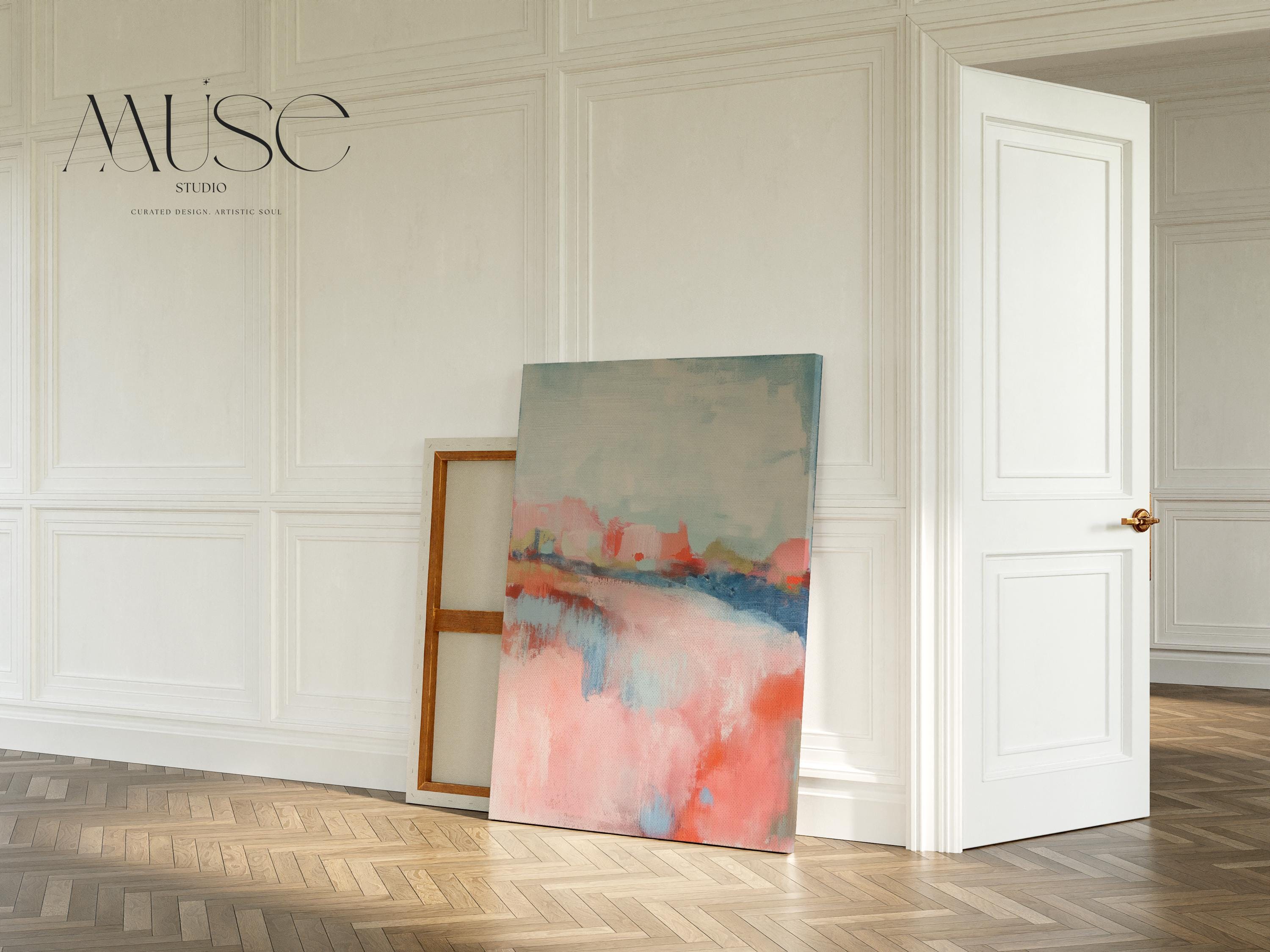 Abstract landscape canvas art featuring coral, soft blush, and blue tones in a peaceful painterly composition. Inspired by nature’s horizon, this vertical piece pairs beautifully with transitional, boho, or serene bedroom decor. Available as a fine art poster or canvas wall art for curated, color-forward decor.