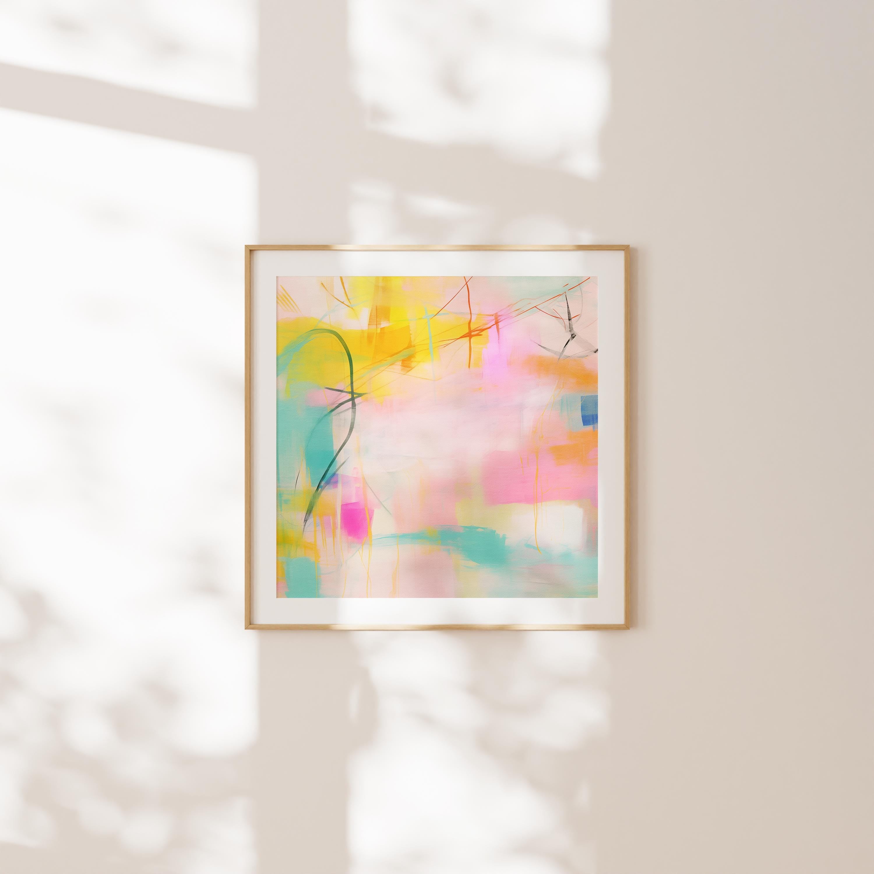 Soft pastel abstract square artwork featuring pink, aqua, and yellow tones with expressive brushwork and layered texture. A glowing, airy composition perfect for boho living rooms, feminine nurseries, or modern serene interiors. Available as a fine art poster or canvas wall art for curated, color-forward decor.