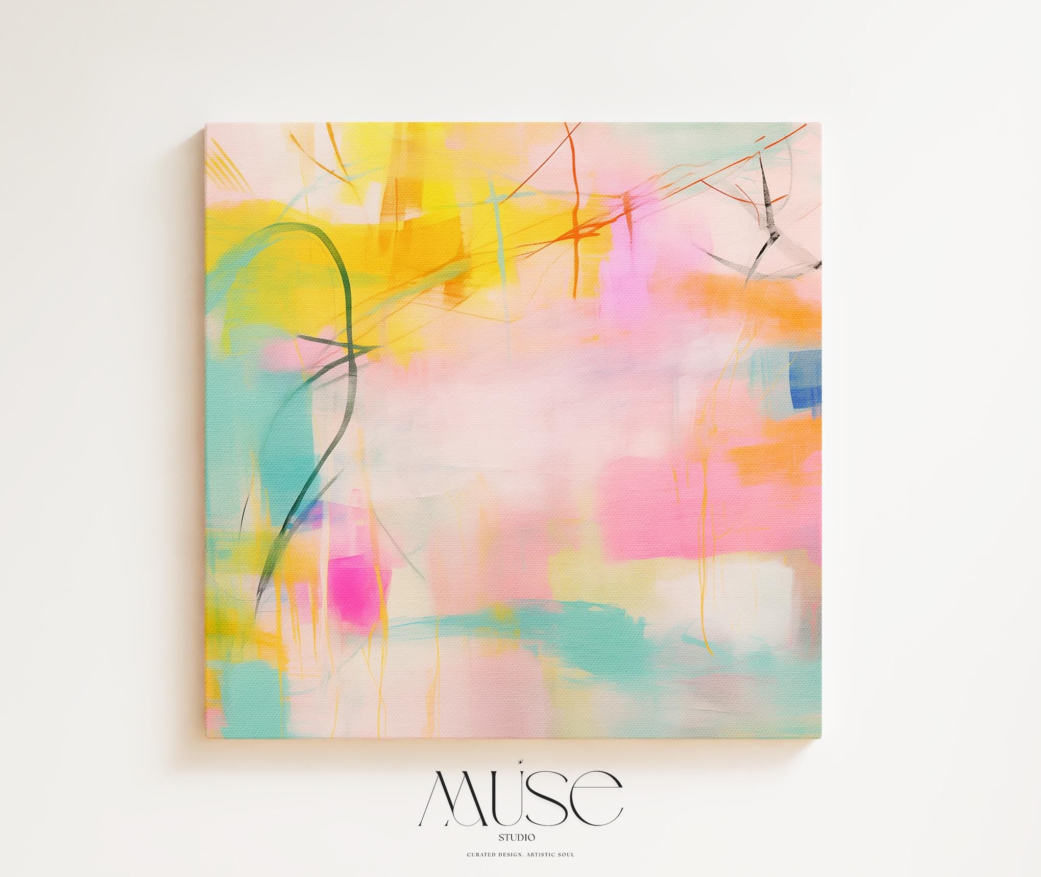 Soft pastel abstract square artwork featuring pink, aqua, and yellow tones with expressive brushwork and layered texture. A glowing, airy composition perfect for boho living rooms, feminine nurseries, or modern serene interiors. Available as a fine art poster or canvas wall art for curated, color-forward decor.