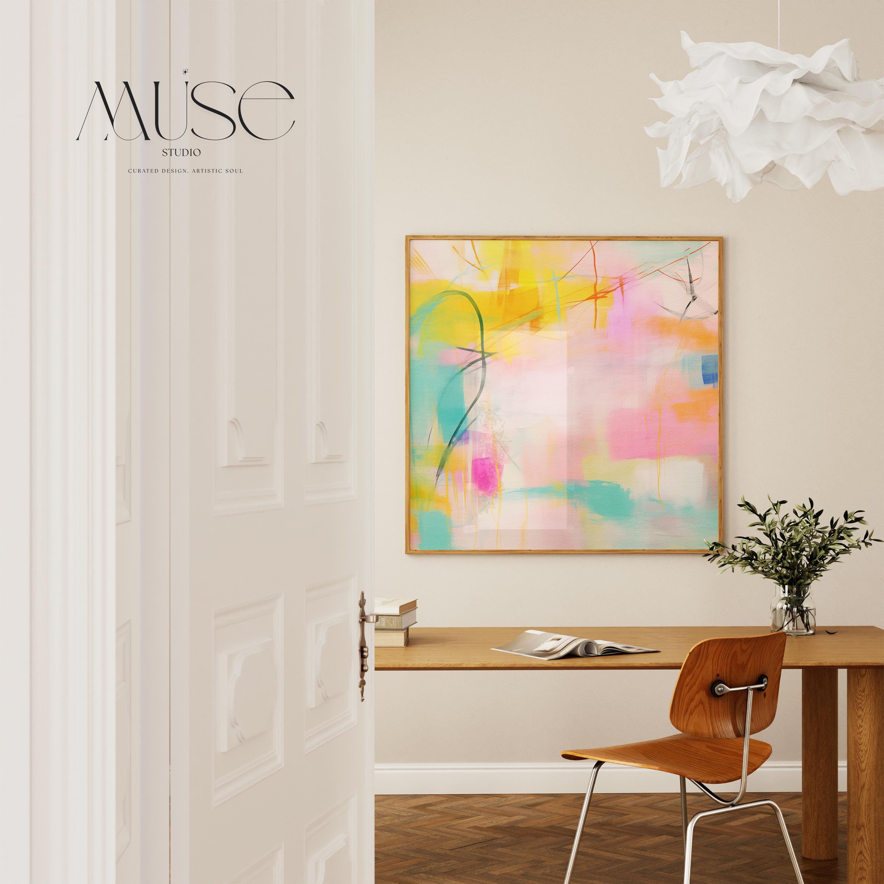 Soft pastel abstract square artwork featuring pink, aqua, and yellow tones with expressive brushwork and layered texture. A glowing, airy composition perfect for boho living rooms, feminine nurseries, or modern serene interiors. Available as a fine art poster or canvas wall art for curated, color-forward decor.