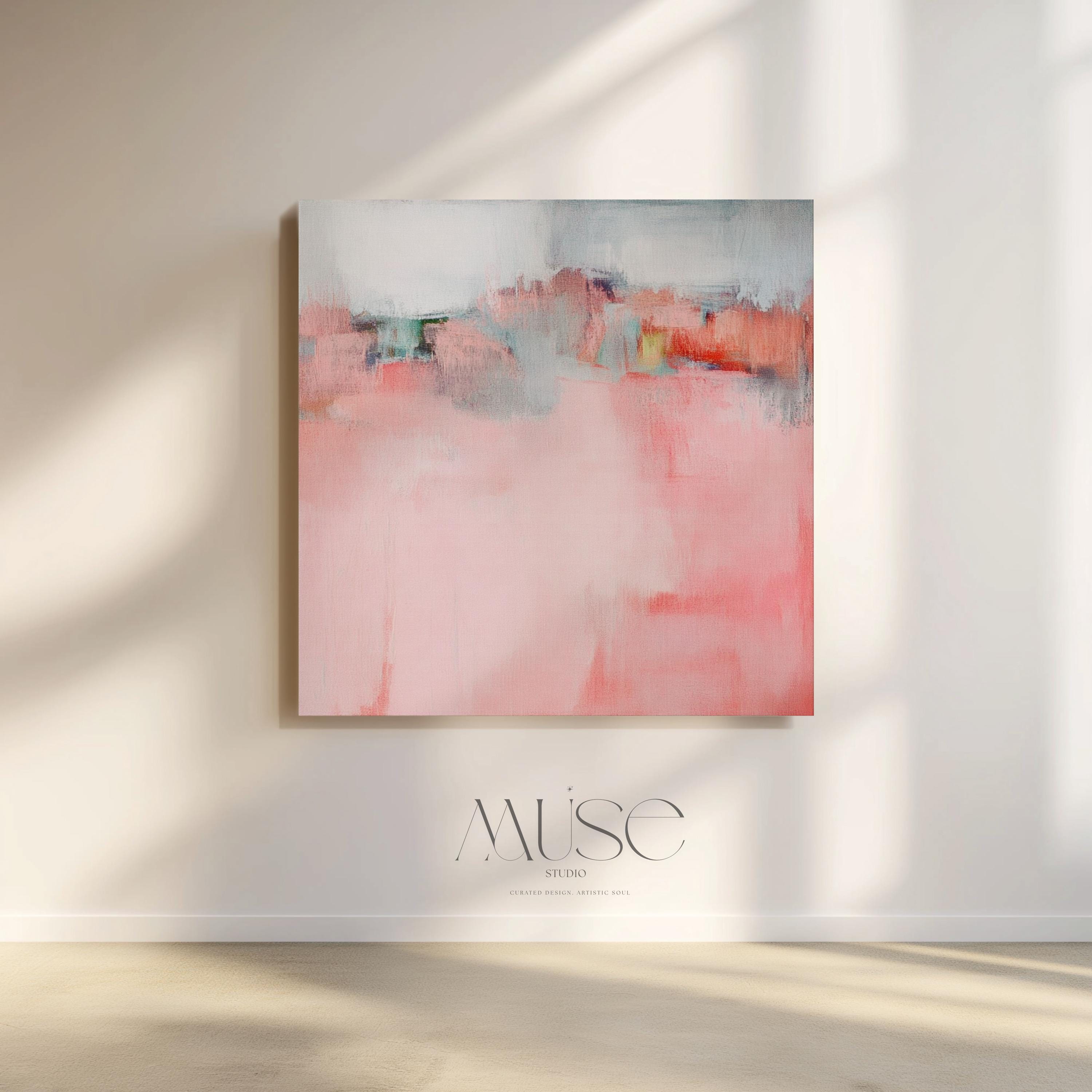Large pastel abstract canvas art in soft blush pink, peach, and aqua, featuring airy brushstrokes and gentle transitions. Designed for modern boho or warm minimalist interiors, ideal for living rooms or bedrooms. Available as a fine art poster or canvas wall art for curated, color-forward decor.