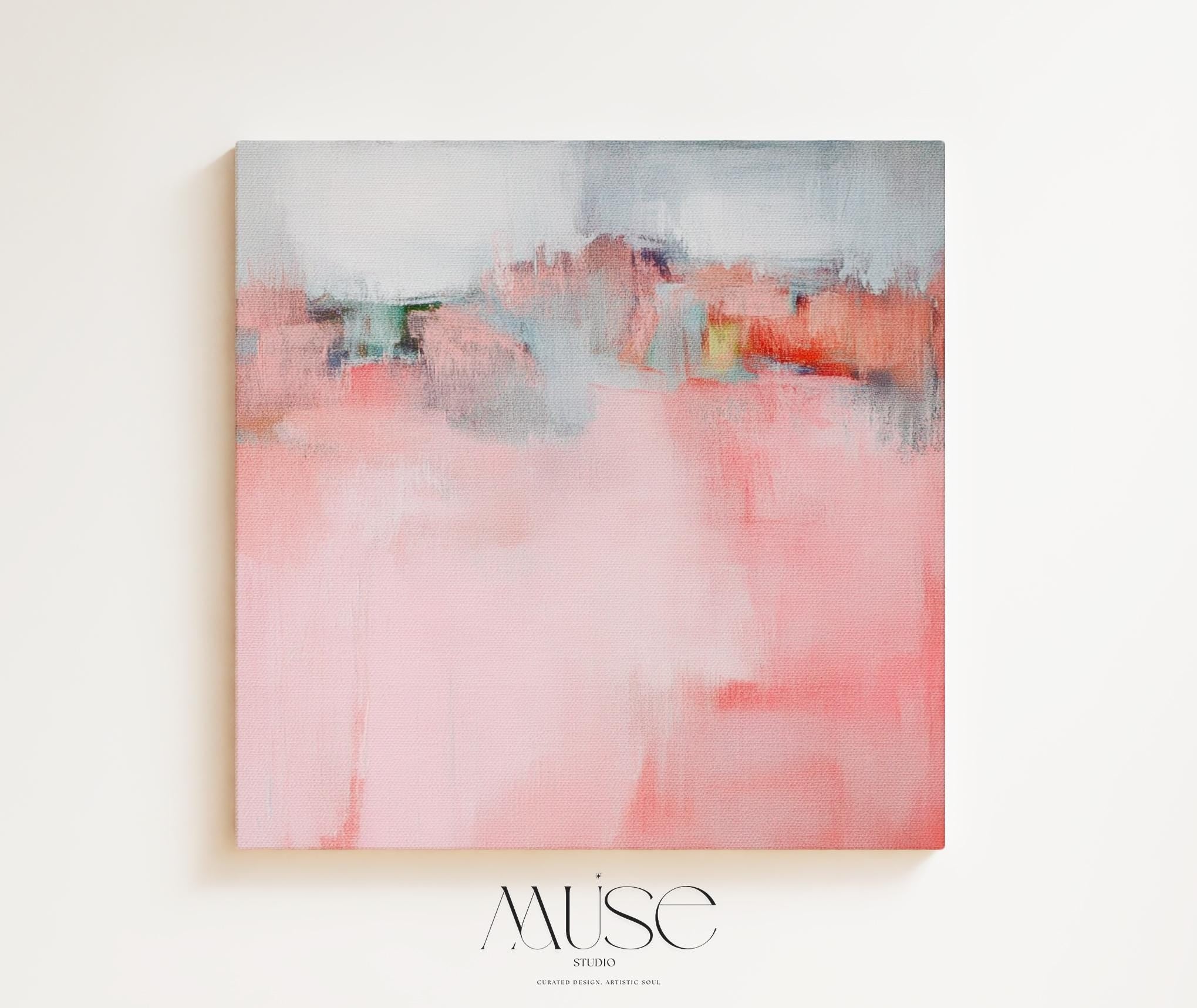 Large pastel abstract canvas art in soft blush pink, peach, and aqua, featuring airy brushstrokes and gentle transitions. Designed for modern boho or warm minimalist interiors, ideal for living rooms or bedrooms. Available as a fine art poster or canvas wall art for curated, color-forward decor.