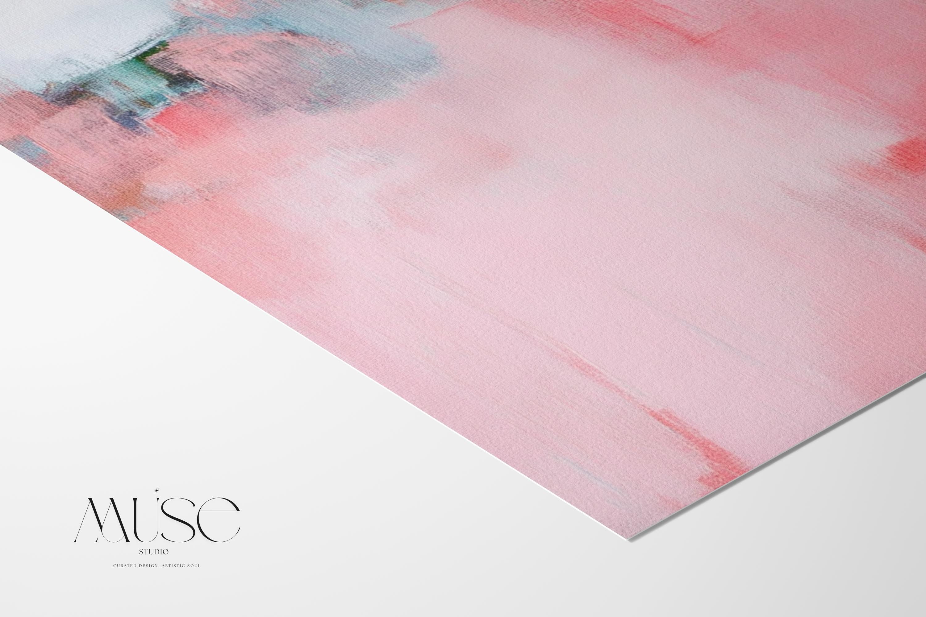 Large pastel abstract canvas art in soft blush pink, peach, and aqua, featuring airy brushstrokes and gentle transitions. Designed for modern boho or warm minimalist interiors, ideal for living rooms or bedrooms. Available as a fine art poster or canvas wall art for curated, color-forward decor.