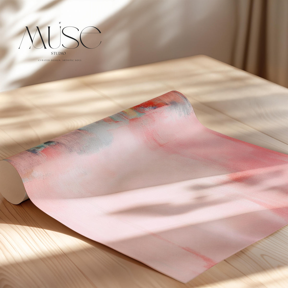 Large pastel abstract canvas art in soft blush pink, peach, and aqua, featuring airy brushstrokes and gentle transitions. Designed for modern boho or warm minimalist interiors, ideal for living rooms or bedrooms. Available as a fine art poster or canvas wall art for curated, color-forward decor.