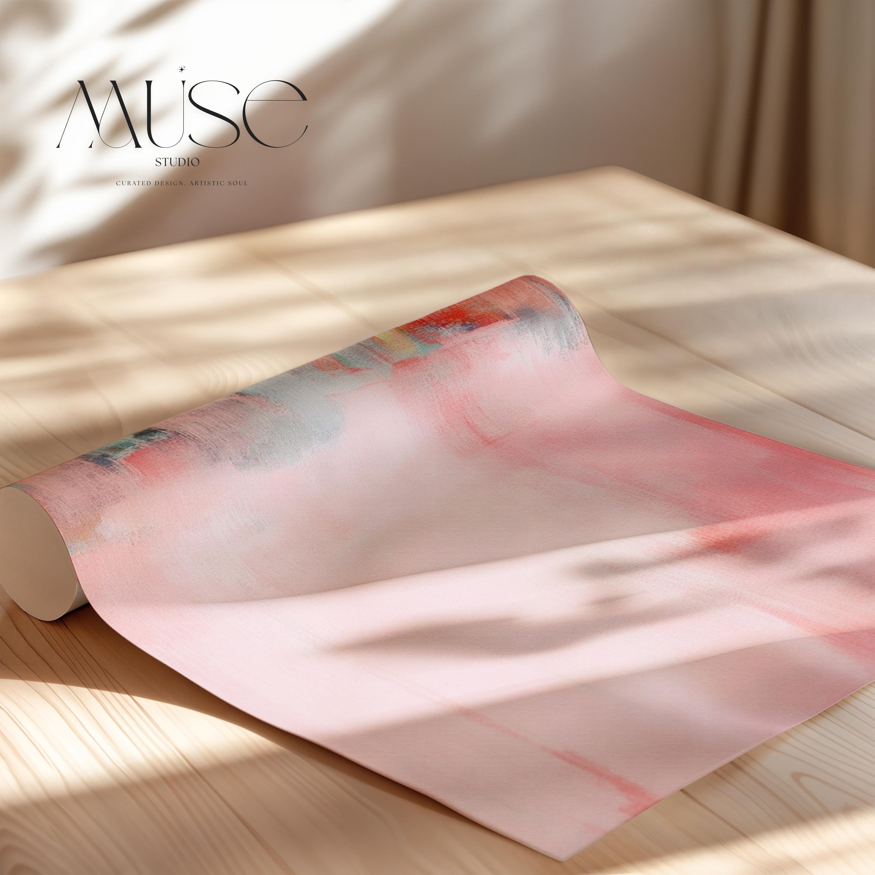 Large pastel abstract canvas art in soft blush pink, peach, and aqua, featuring airy brushstrokes and gentle transitions. Designed for modern boho or warm minimalist interiors, ideal for living rooms or bedrooms. Available as a fine art poster or canvas wall art for curated, color-forward decor.