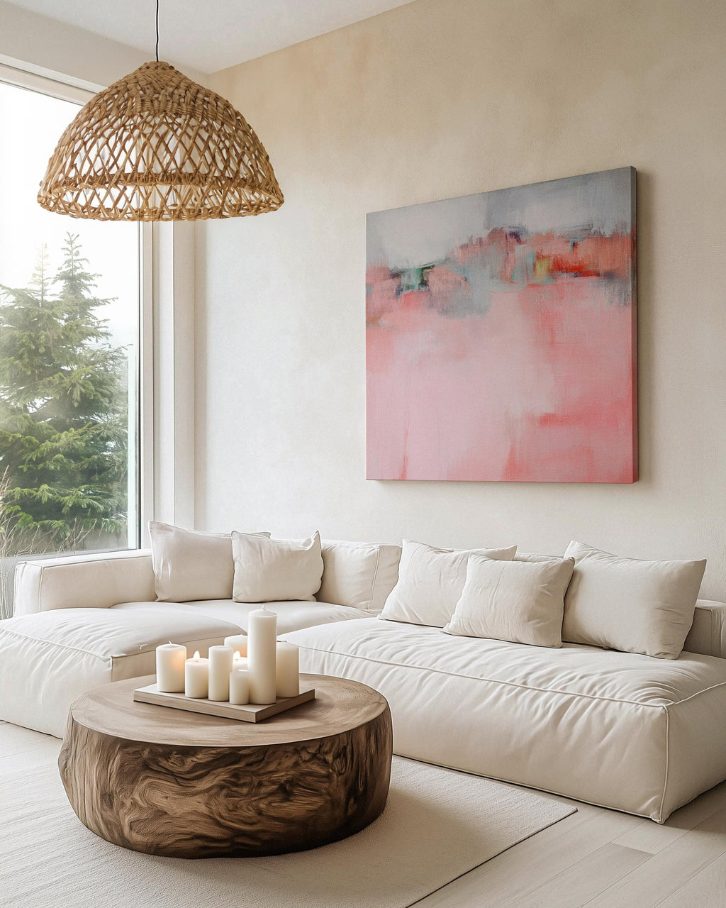 Large pastel abstract canvas art in soft blush pink, peach, and aqua, featuring airy brushstrokes and gentle transitions. Designed for modern boho or warm minimalist interiors, ideal for living rooms or bedrooms. Available as a fine art poster or canvas wall art for curated, color-forward decor.