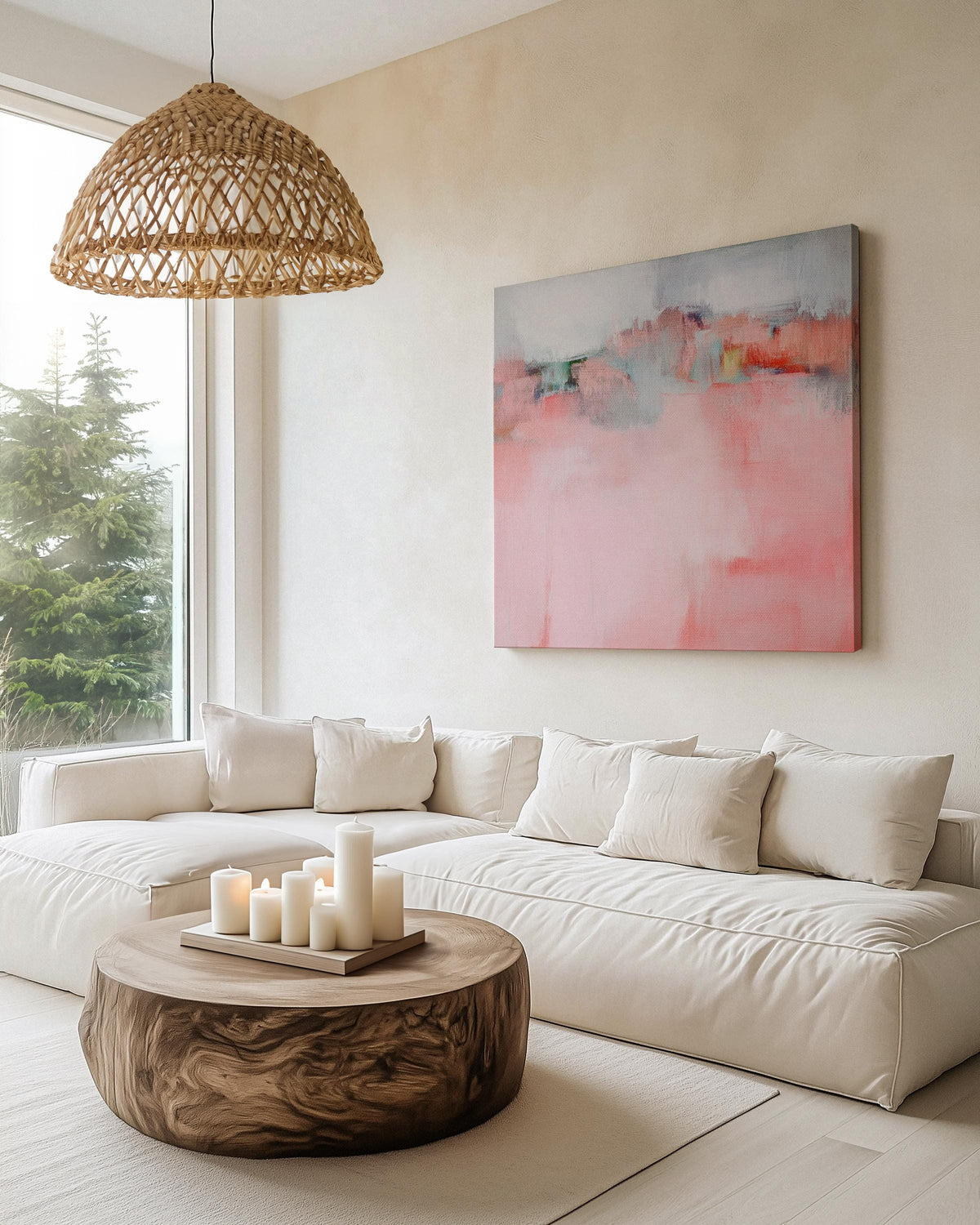 Large pastel abstract canvas art in soft blush pink, peach, and aqua, featuring airy brushstrokes and gentle transitions. Designed for modern boho or warm minimalist interiors, ideal for living rooms or bedrooms. Available as a fine art poster or canvas wall art for curated, color-forward decor.