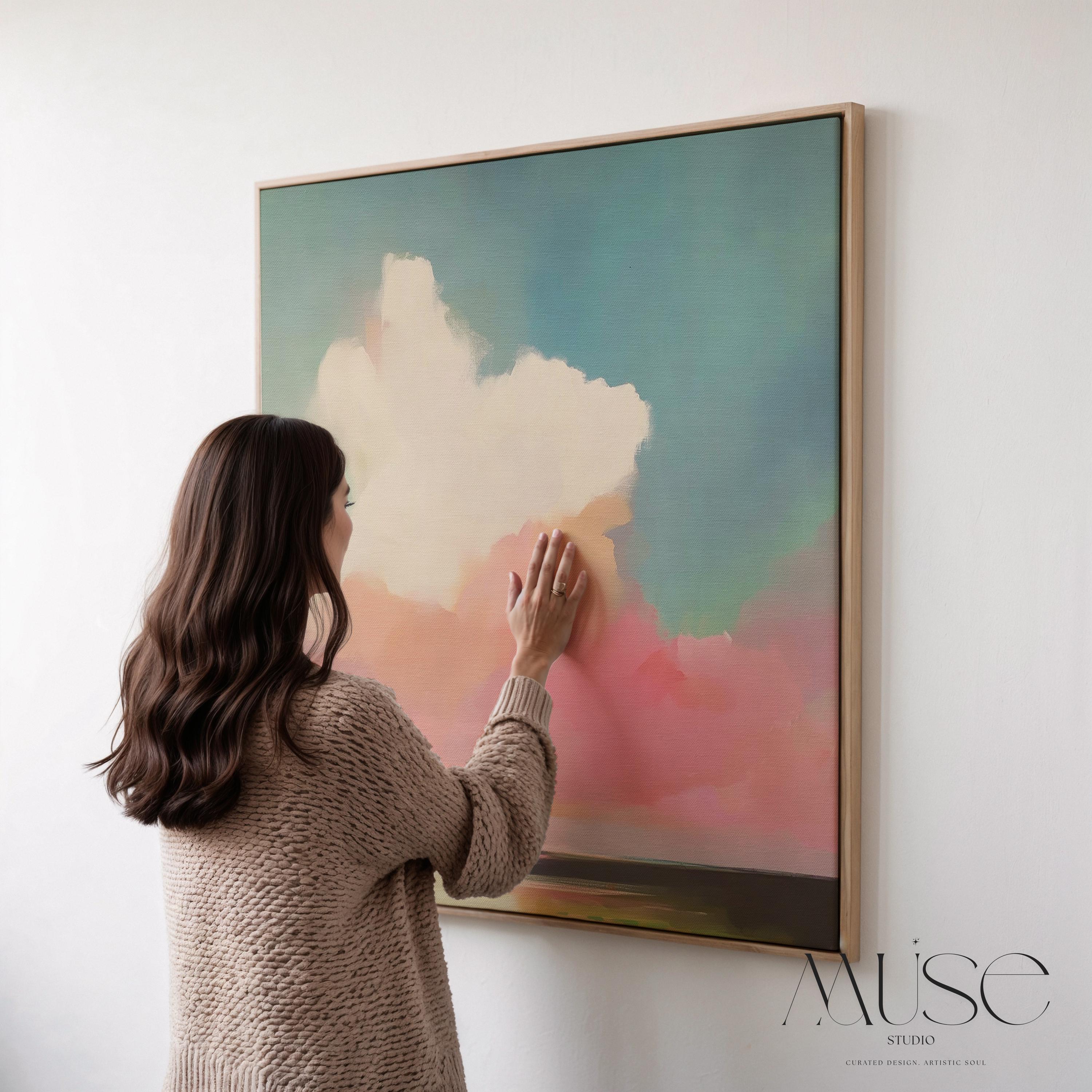 Soft Sky Wall Art Pink Blue Landscape Pastel Framed Canvas Coastal Horizon Art Serene Abstract Decor for Bedroom or Living Room 467 Framed Canvas Art Colorful abstract wall art on framed canvas, perfect for bold decor art and modern wall decor. Large statement piece with expressive brushstrokes and rich textures. Ready-to-hang giclée canvas designed to energize living rooms, offices, bedrooms and curated interiors. Muse Studio Decor Art.