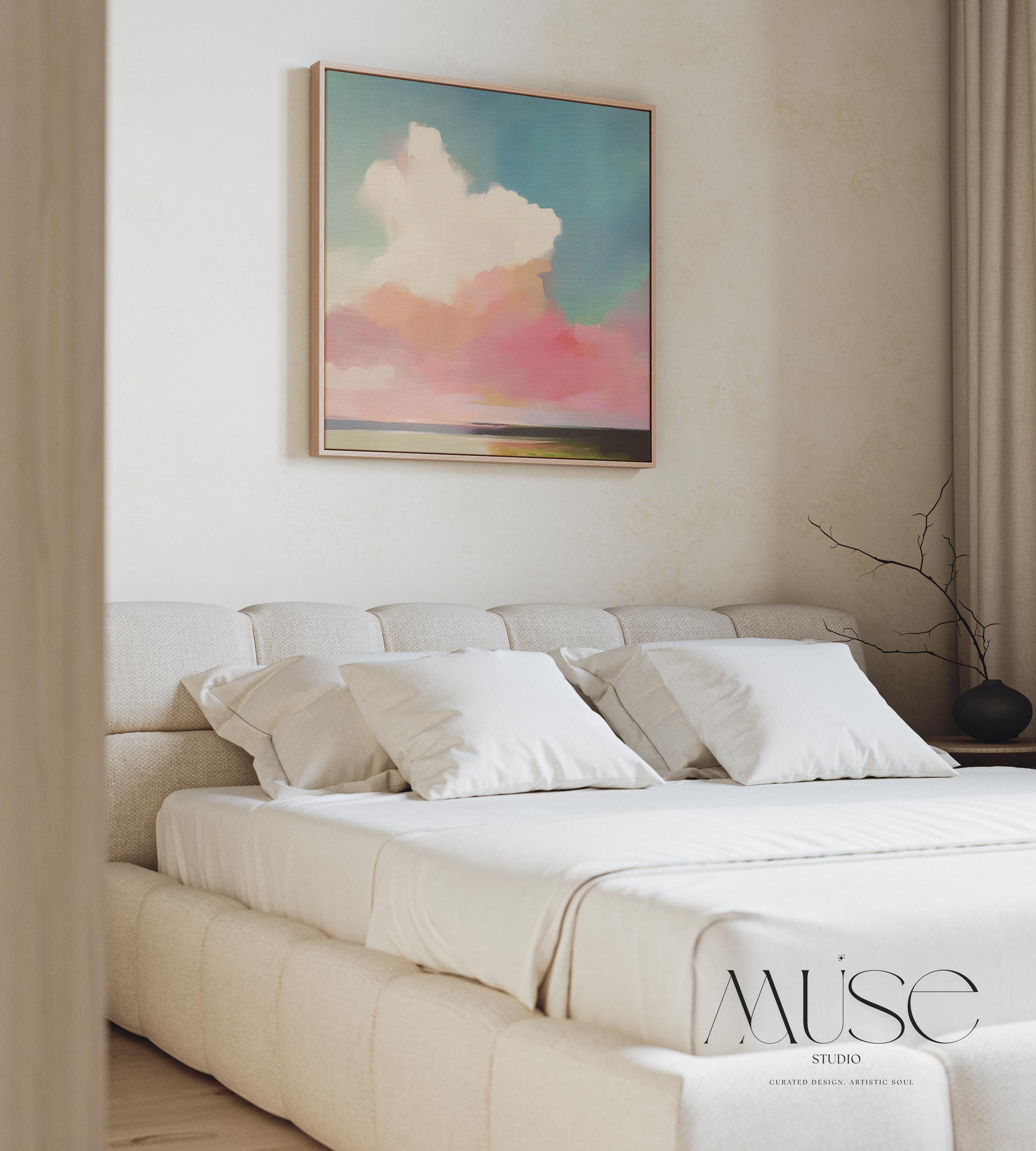 Soft Sky Wall Art Pink Blue Landscape Pastel Framed Canvas Coastal Horizon Art Serene Abstract Decor for Bedroom or Living Room 467