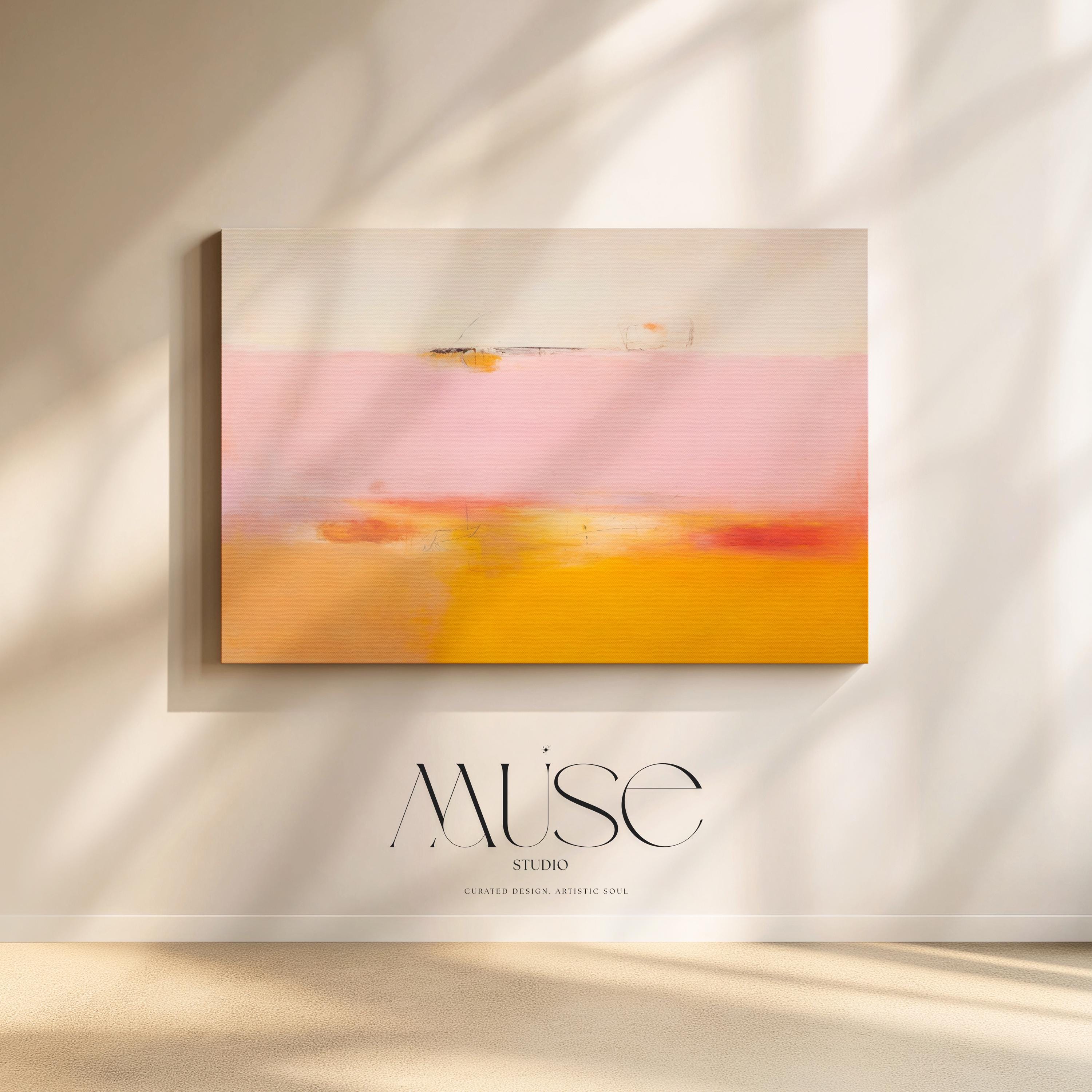 Horizontal abstract canvas in pink, peach, and golden yellow with soft blended horizon; ideal for living room or bedroom styling in warm minimalist and soft contemporary interiors; gallery-wrapped canvas by Muse Studio.