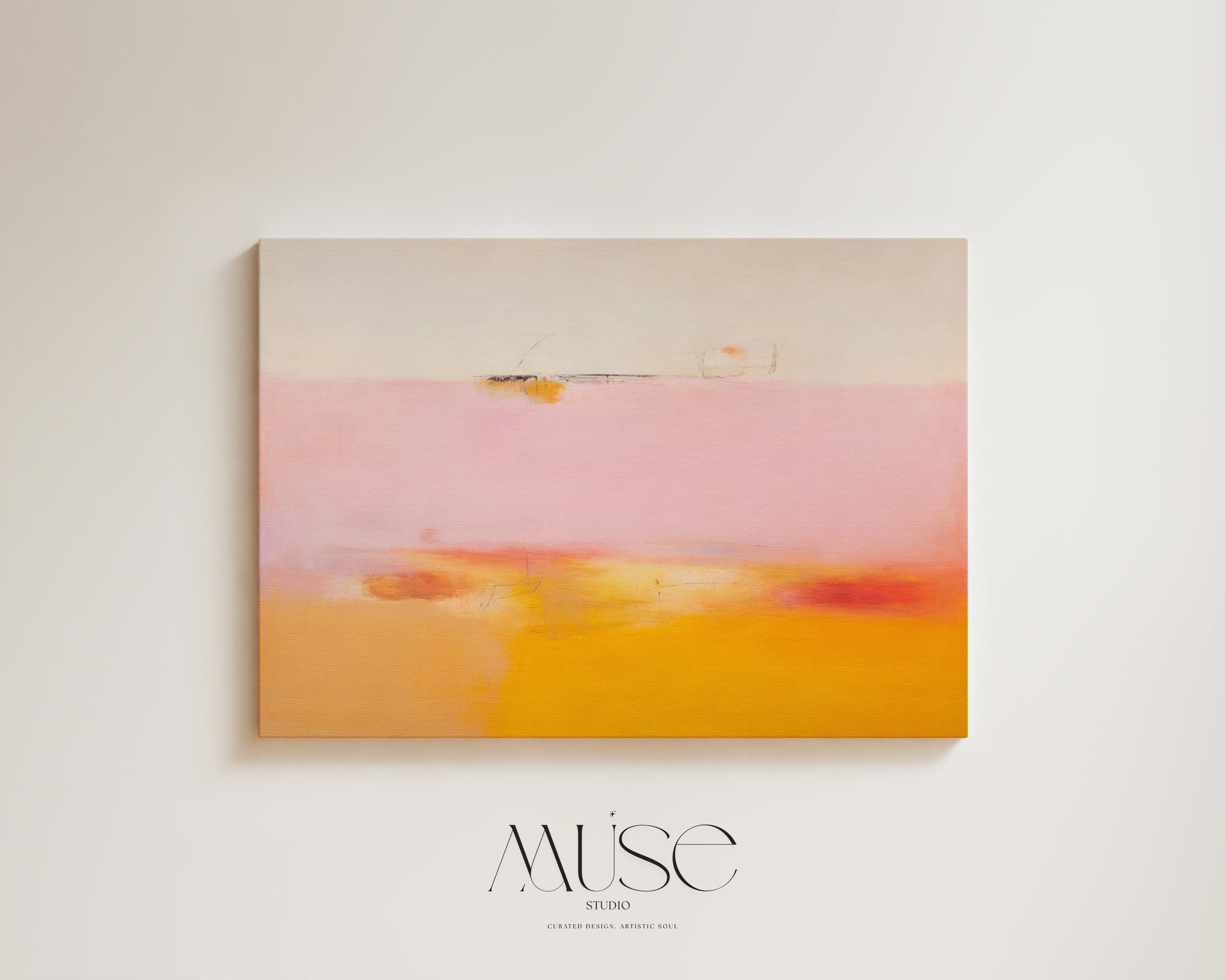 Horizontal abstract canvas in pink, peach, and golden yellow with soft blended horizon; ideal for living room or bedroom styling in warm minimalist and soft contemporary interiors; gallery-wrapped canvas by Muse Studio.
