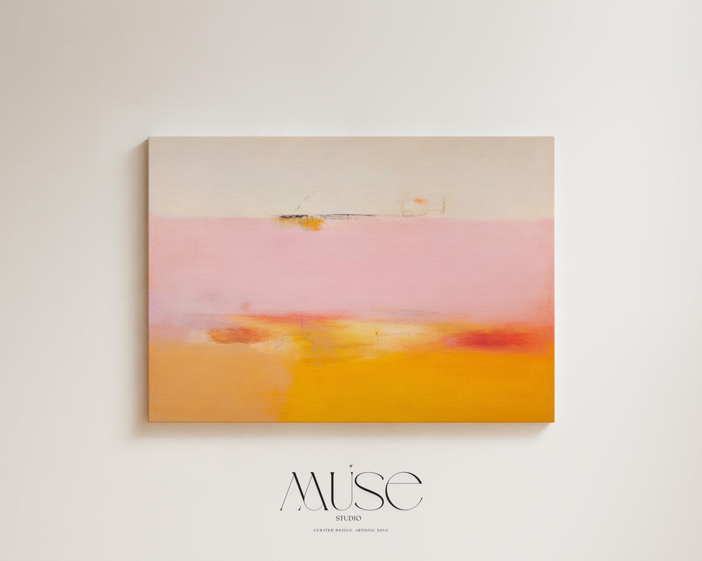 Horizontal abstract stretched canvas artwork featuring soft cream, baby pink, warm ochre yellow, and terracotta orange color field bands mounted on a neutral wall.
