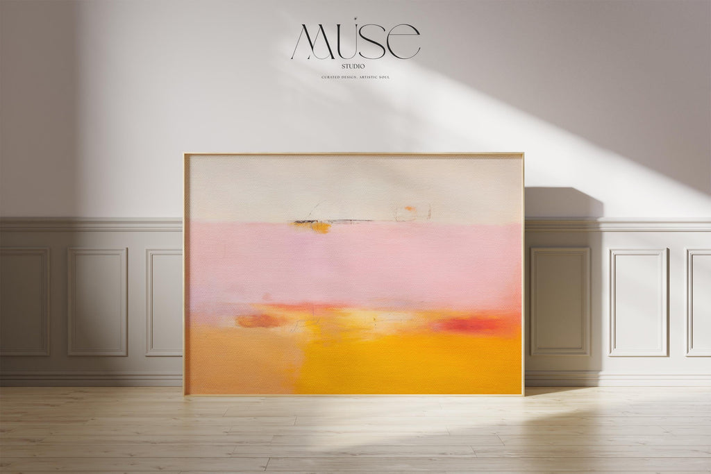Horizontal abstract canvas in pink, peach, and golden yellow with soft blended horizon; ideal for living room or bedroom styling in warm minimalist and soft contemporary interiors; gallery-wrapped canvas by Muse Studio.