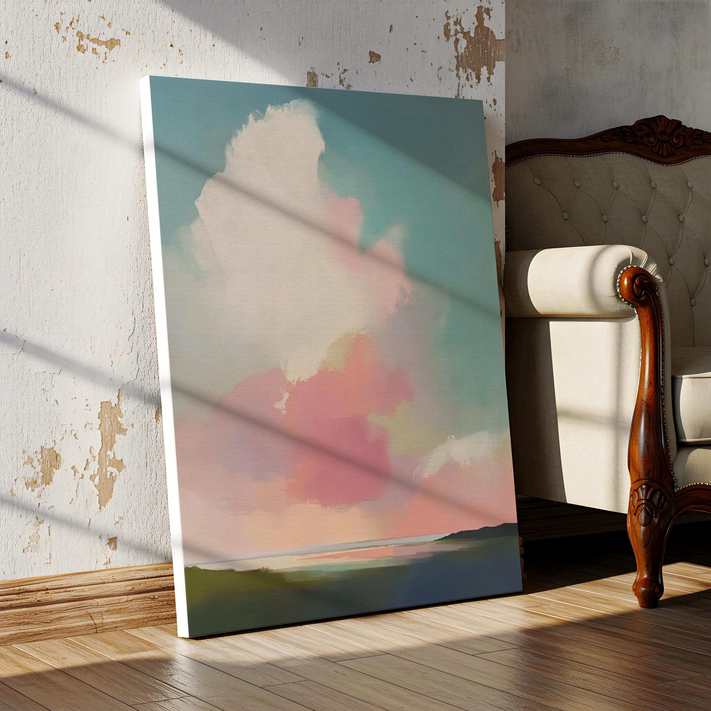 Large Canvas Wall Art Pink Blue Abstract Cloudscape Vertical Pastel Sky Painting for Bedroom or Living Room Soft Mnimalist Decor 468