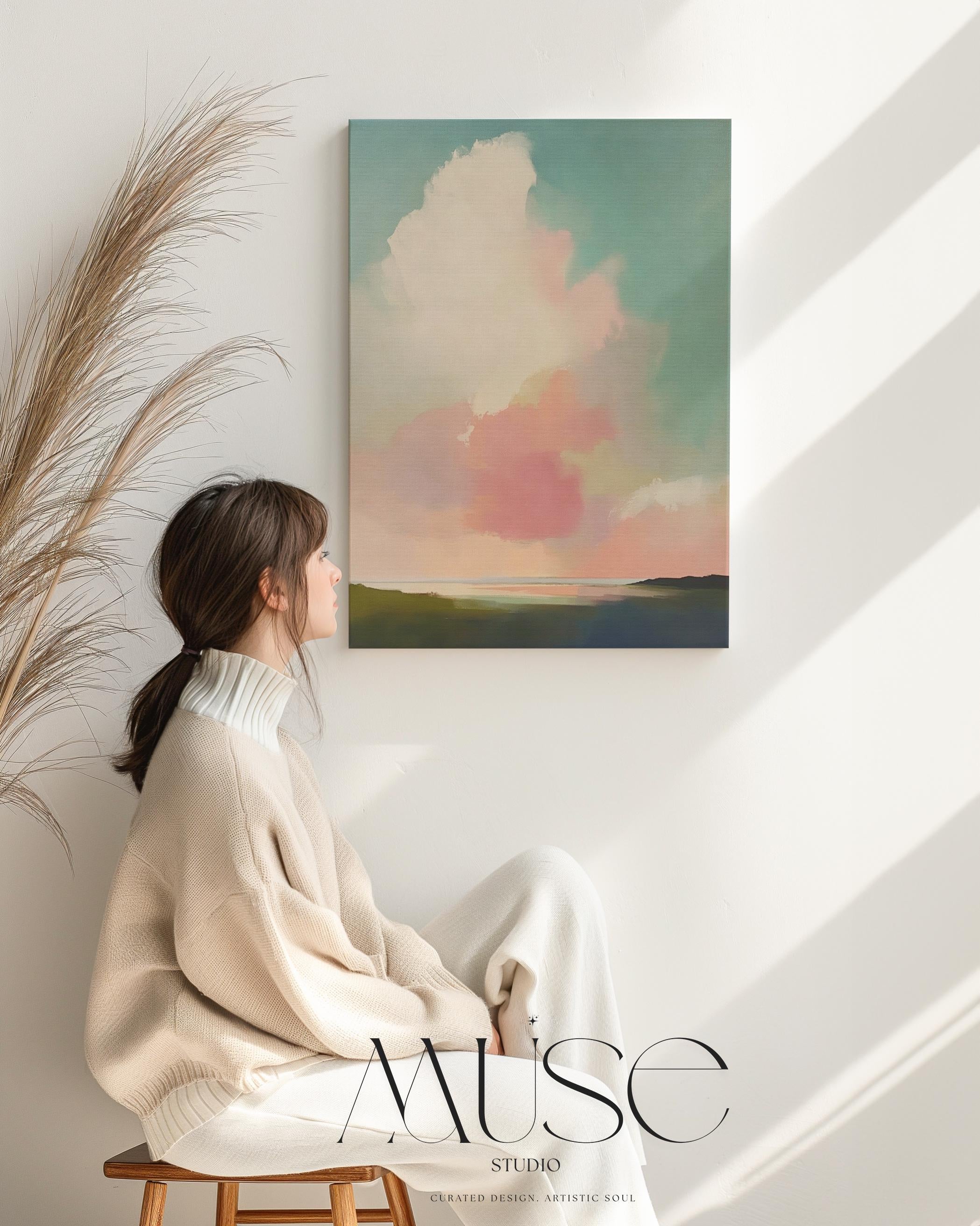 Large Canvas Wall Art Pink Blue Abstract Cloudscape Vertical Pastel Sky Painting for Bedroom or Living Room Soft Mnimalist Decor 468