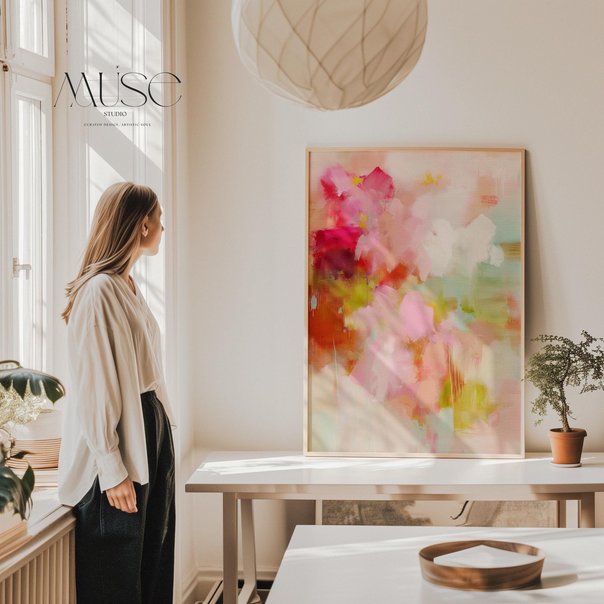 Floral-inspired abstract wall art with pink, blush, green, and soft cream tones, painted in a soft botanical style. Perfect as large-scale canvas or fine art print for bedrooms or cozy living spaces with feminine or boho decor. Available as a fine art poster or canvas wall art for curated, color-forward decor.