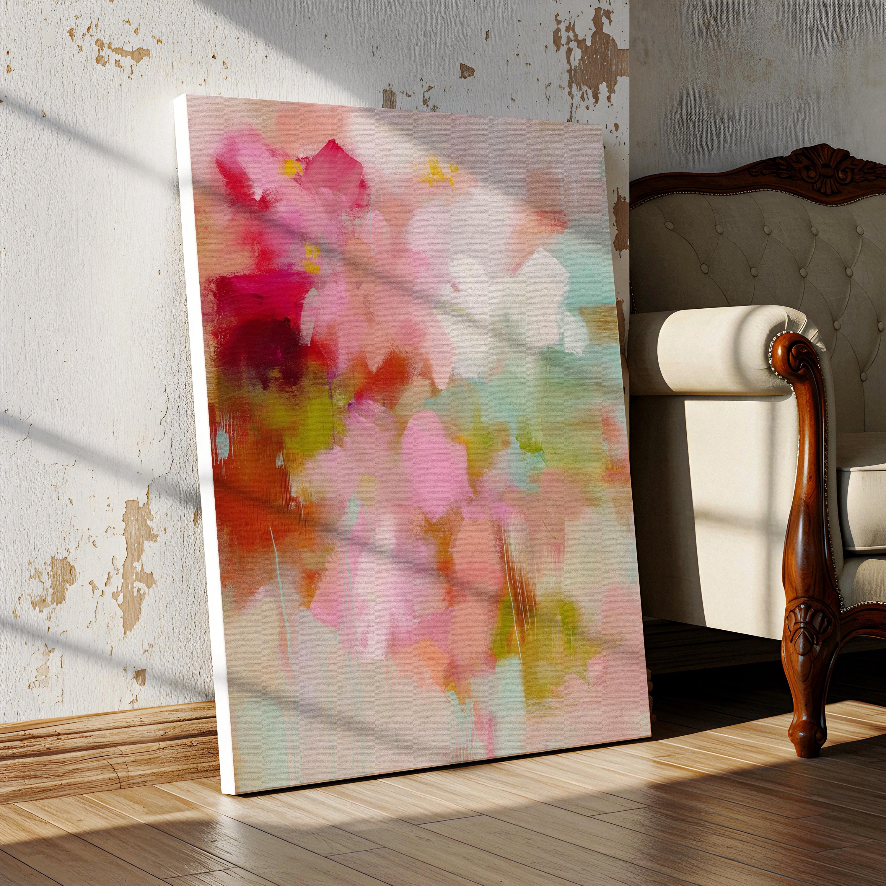 Floral-inspired abstract wall art with pink, blush, green, and soft cream tones, painted in a soft botanical style. Perfect as large-scale canvas or fine art print for bedrooms or cozy living spaces with feminine or boho decor. Available as a fine art poster or canvas wall art for curated, color-forward decor.