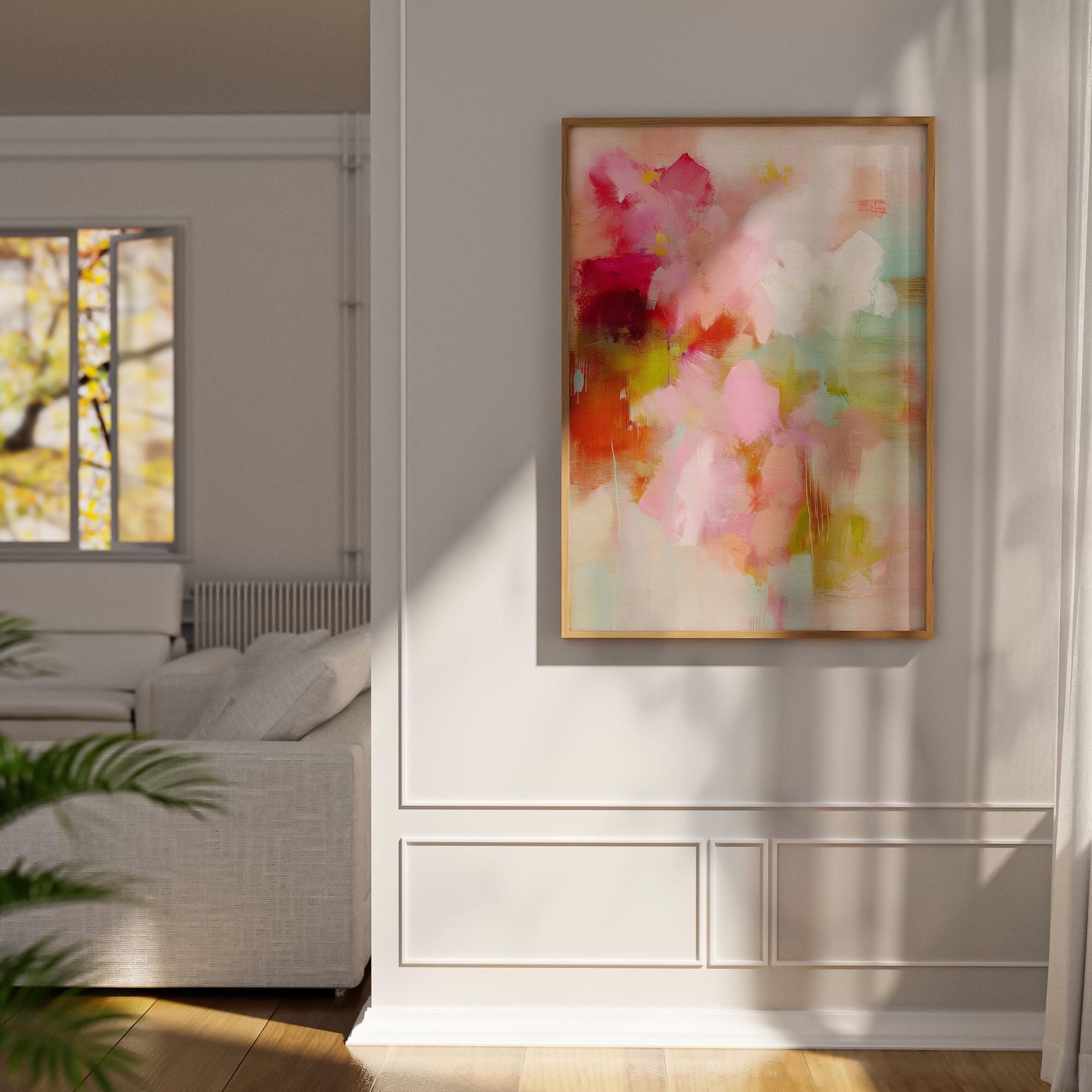 Floral-inspired abstract wall art with pink, blush, green, and soft cream tones, painted in a soft botanical style. Perfect as large-scale canvas or fine art print for bedrooms or cozy living spaces with feminine or boho decor. Available as a fine art poster or canvas wall art for curated, color-forward decor.