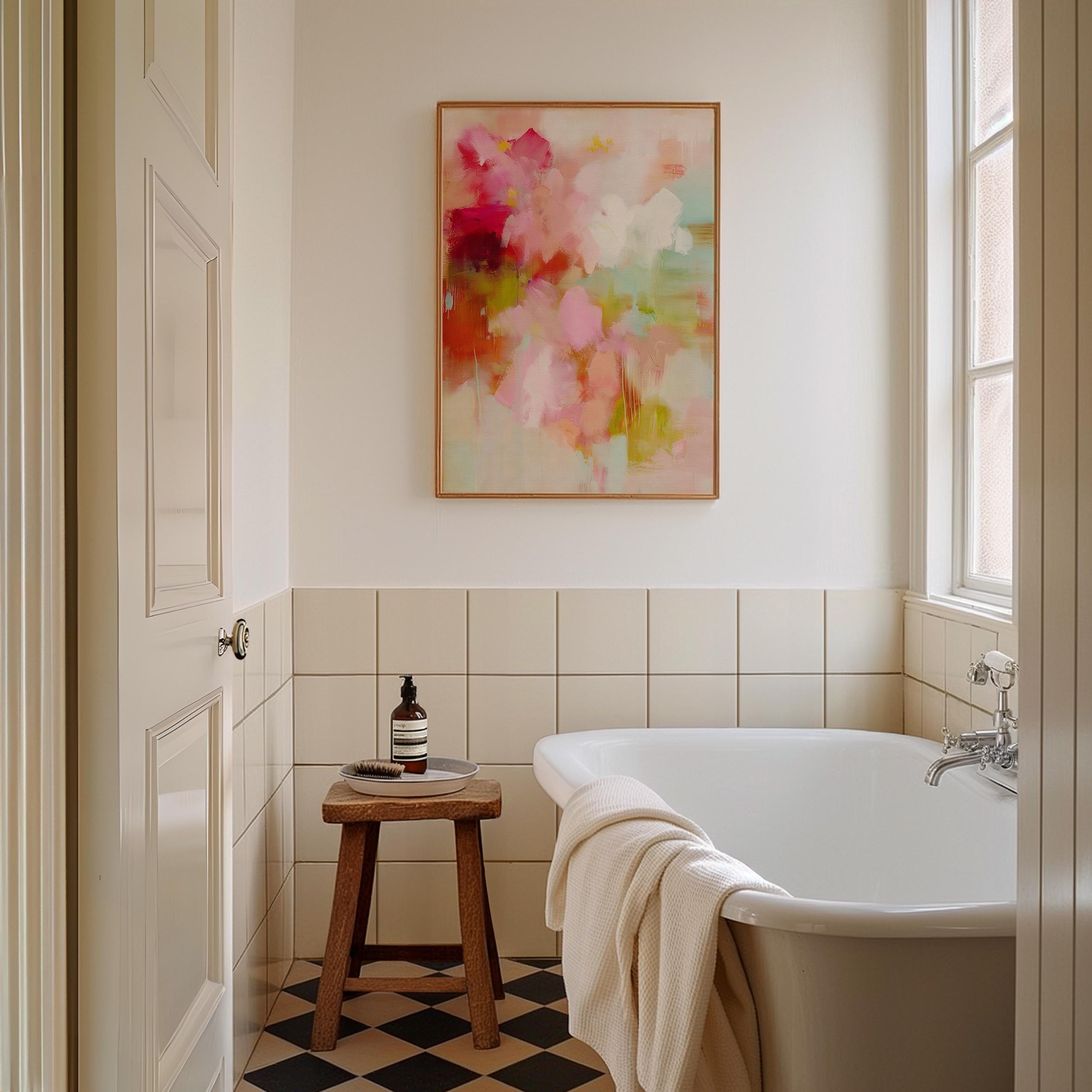 Floral-inspired abstract wall art with pink, blush, green, and soft cream tones, painted in a soft botanical style. Perfect as large-scale canvas or fine art print for bedrooms or cozy living spaces with feminine or boho decor. Available as a fine art poster or canvas wall art for curated, color-forward decor.