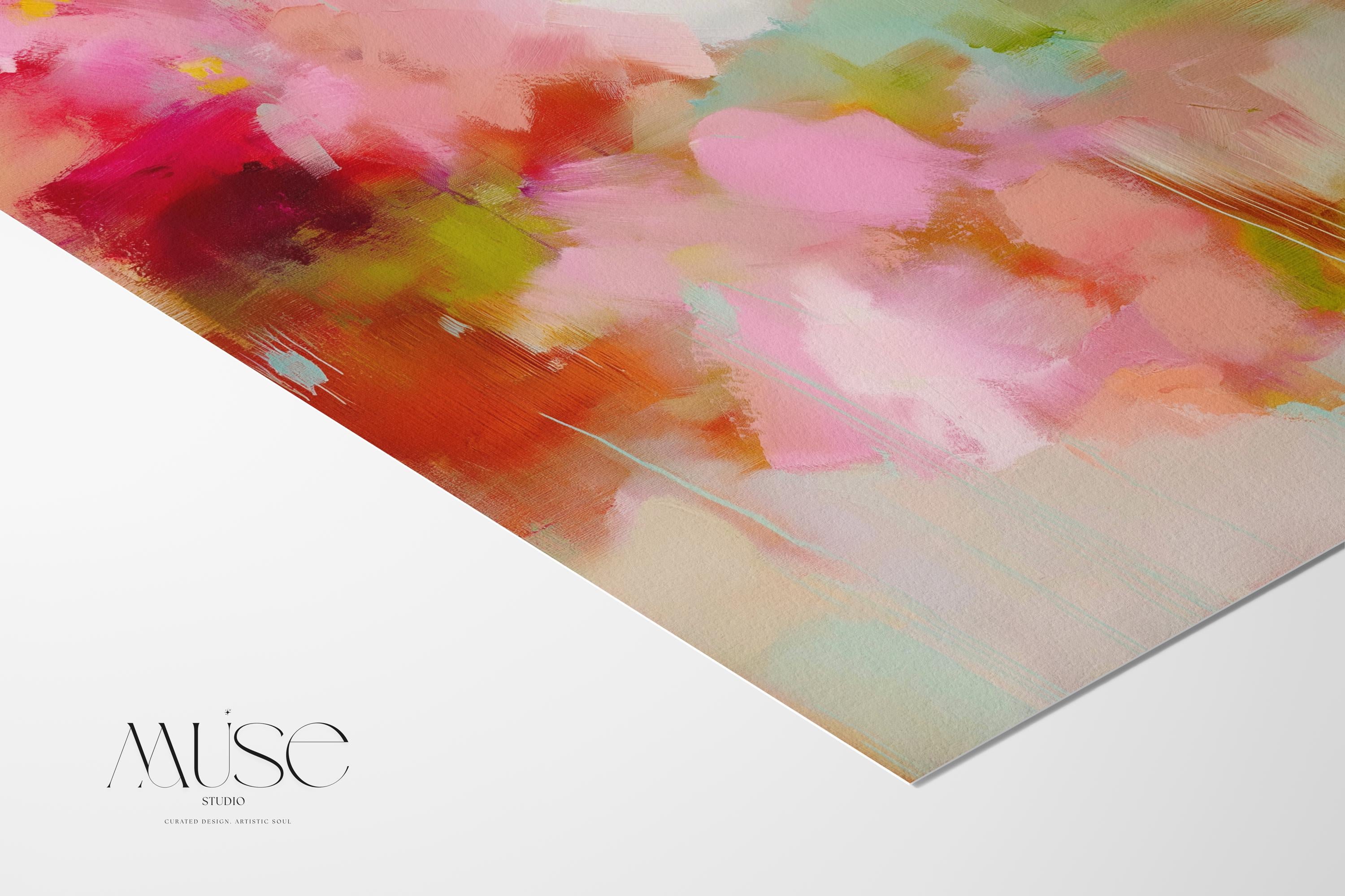 Floral-inspired abstract wall art with pink, blush, green, and soft cream tones, painted in a soft botanical style. Perfect as large-scale canvas or fine art print for bedrooms or cozy living spaces with feminine or boho decor. Available as a fine art poster or canvas wall art for curated, color-forward decor.