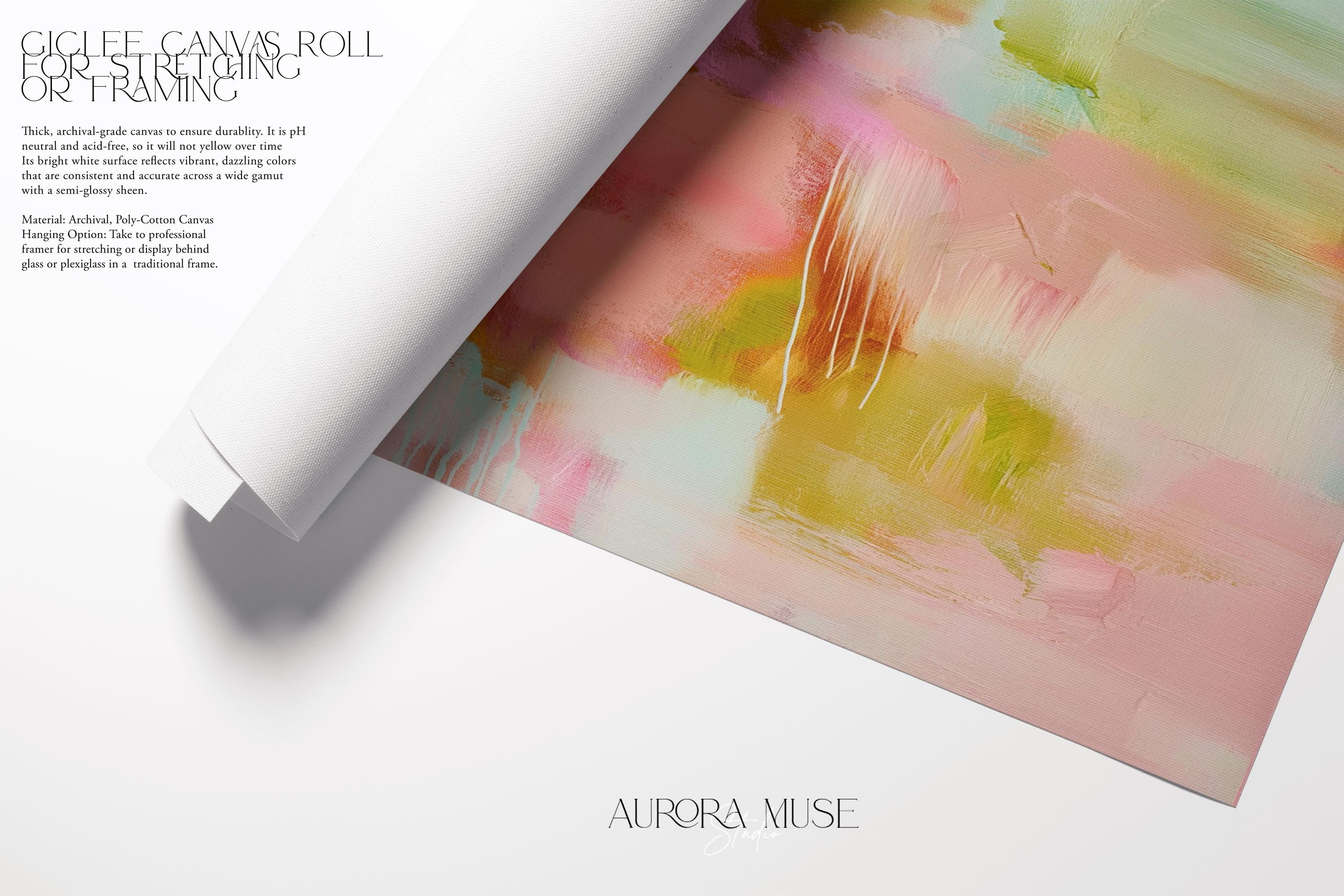 Floral-inspired abstract wall art with pink, blush, green, and soft cream tones, painted in a soft botanical style. Perfect as large-scale canvas or fine art print for bedrooms or cozy living spaces with feminine or boho decor. Available as a fine art poster or canvas wall art for curated, color-forward decor.