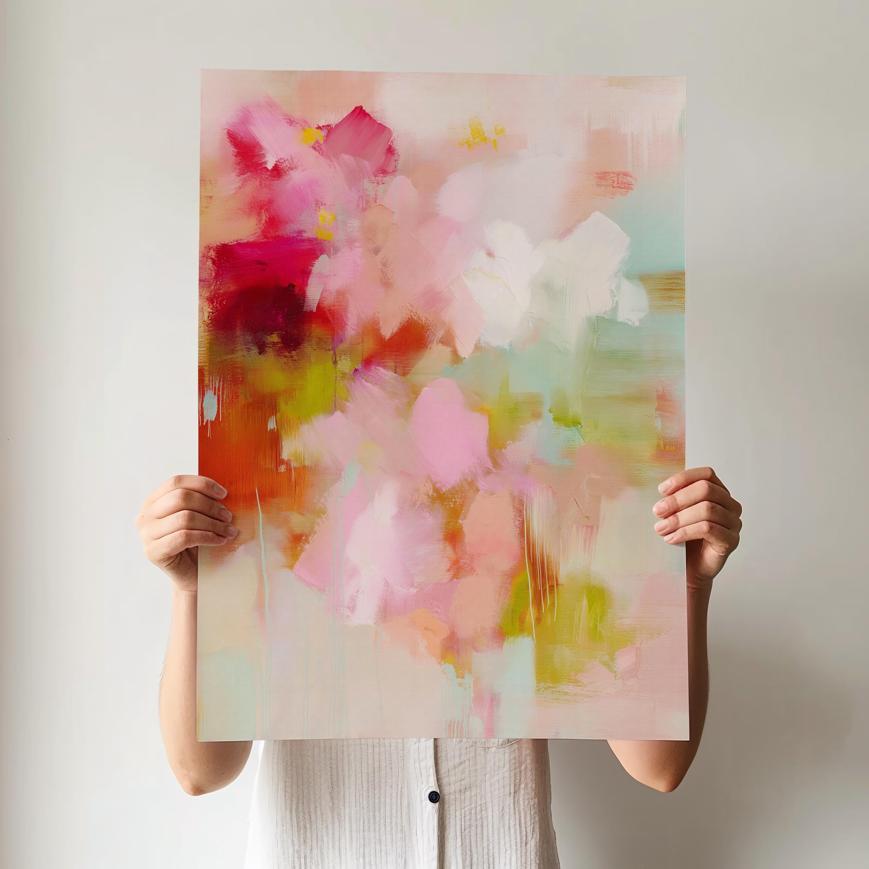 Floral-inspired abstract wall art with pink, blush, green, and soft cream tones, painted in a soft botanical style. Perfect as large-scale canvas or fine art print for bedrooms or cozy living spaces with feminine or boho decor. Available as a fine art poster or canvas wall art for curated, color-forward decor.
