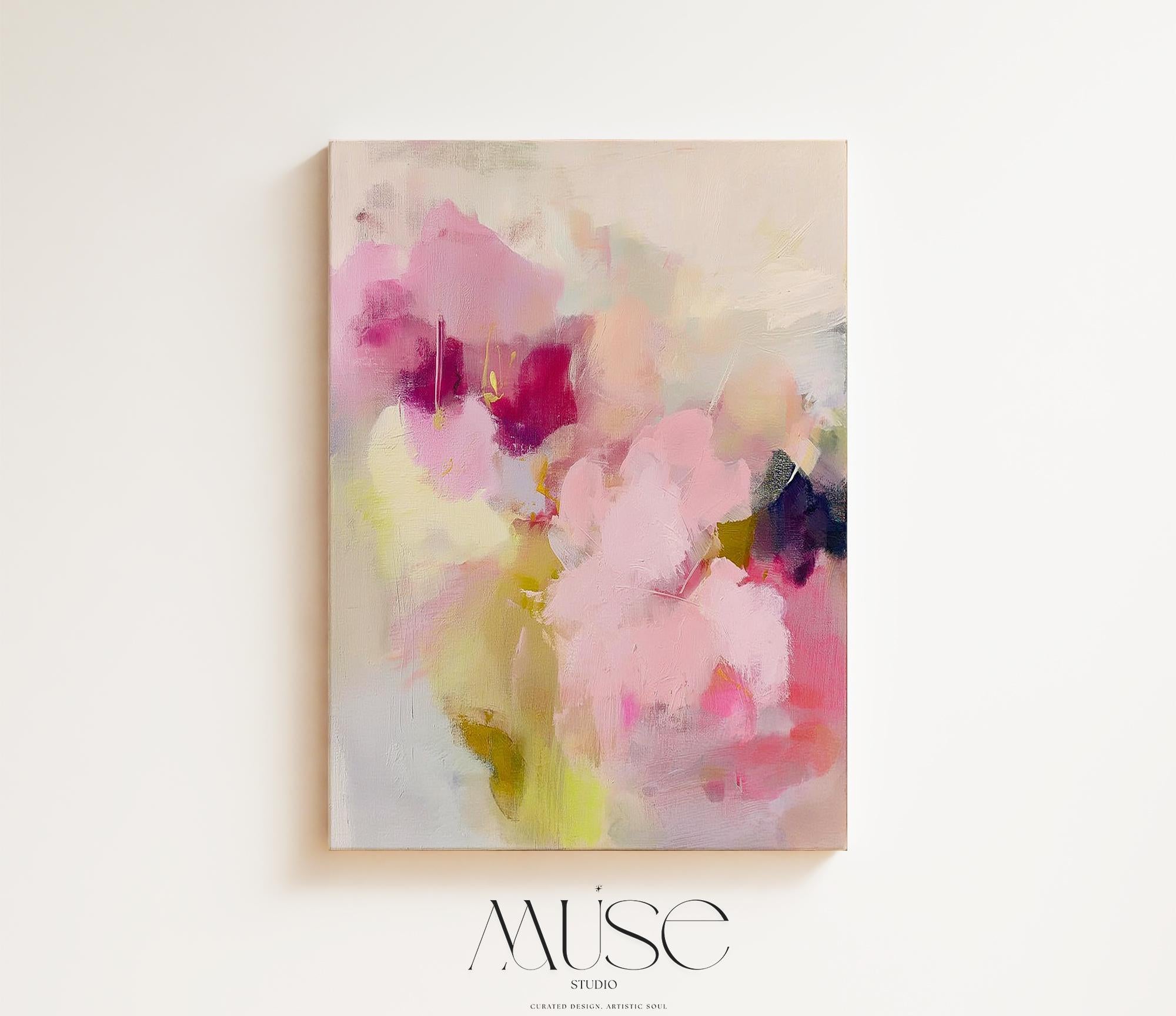 Soft botanical abstract wall art in pink, plum, and sage green. Painterly floral composition evokes a romantic, feminine aesthetic—perfect for boho bedrooms, nursery walls, or pastel-themed decor. Stretched Canvas Art Large abstract wall decor on stretched canvas, gallery-wrapped and ready to hang. Perfect for colorful wall art in living rooms, office spaces, and design projects. Giclée canvas print with bold brushwork and vibrant modern style for impactful home decor. Muse Studio Decor Art.