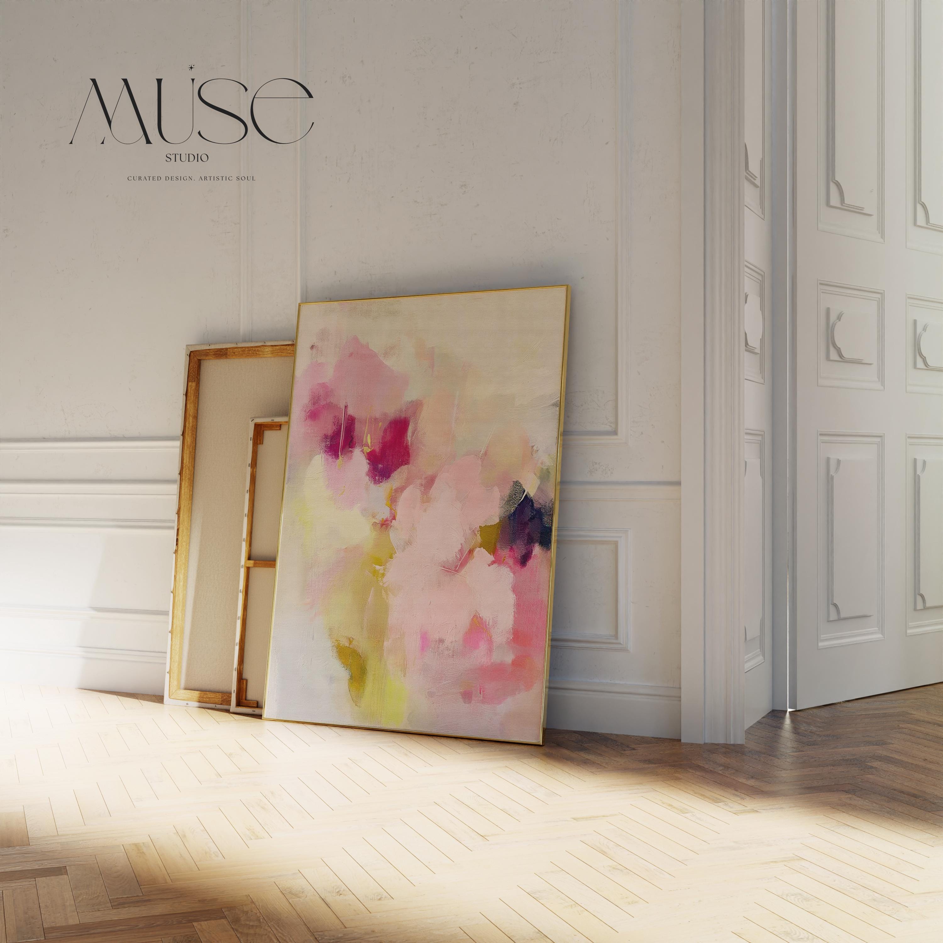 Soft botanical abstract wall art in pink, plum, and sage green. Painterly floral composition evokes a romantic, feminine aesthetic—perfect for boho bedrooms, nursery walls, or pastel-themed decor. Available as a fine art poster or canvas wall art for curated, color-forward decor.