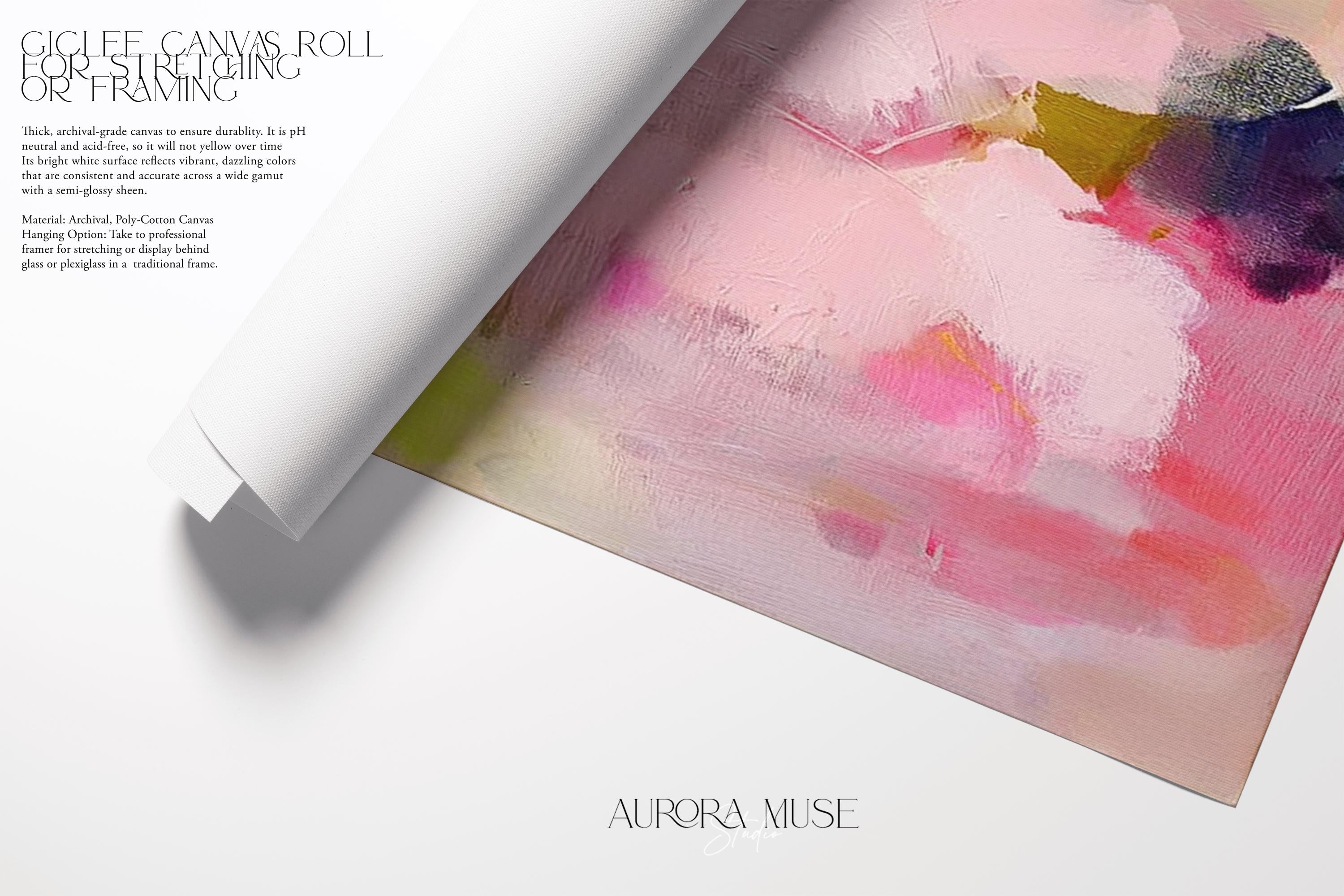 Soft botanical abstract wall art in pink, plum, and sage green. Painterly floral composition evokes a romantic, feminine aesthetic—perfect for boho bedrooms, nursery walls, or pastel-themed decor. Fine art print of abstract decor art printed on rolled canvas or cold-pressed watercolor paper using giclée technique. home styling, or office decor. Bold and colorful statement art brings vibrant energy to curated spaces. Ideal for custom framing and large-scale wall displays. Muse Studio Decor Art.