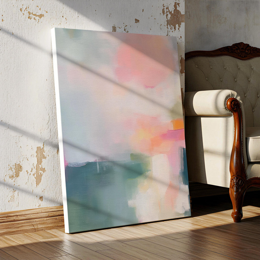 Soft Abstract Canvas Wall Art Blush Pink Teal Vertical Painting Warm Minimalist Decor Boho Modern Art for Bedroom or Office 469
