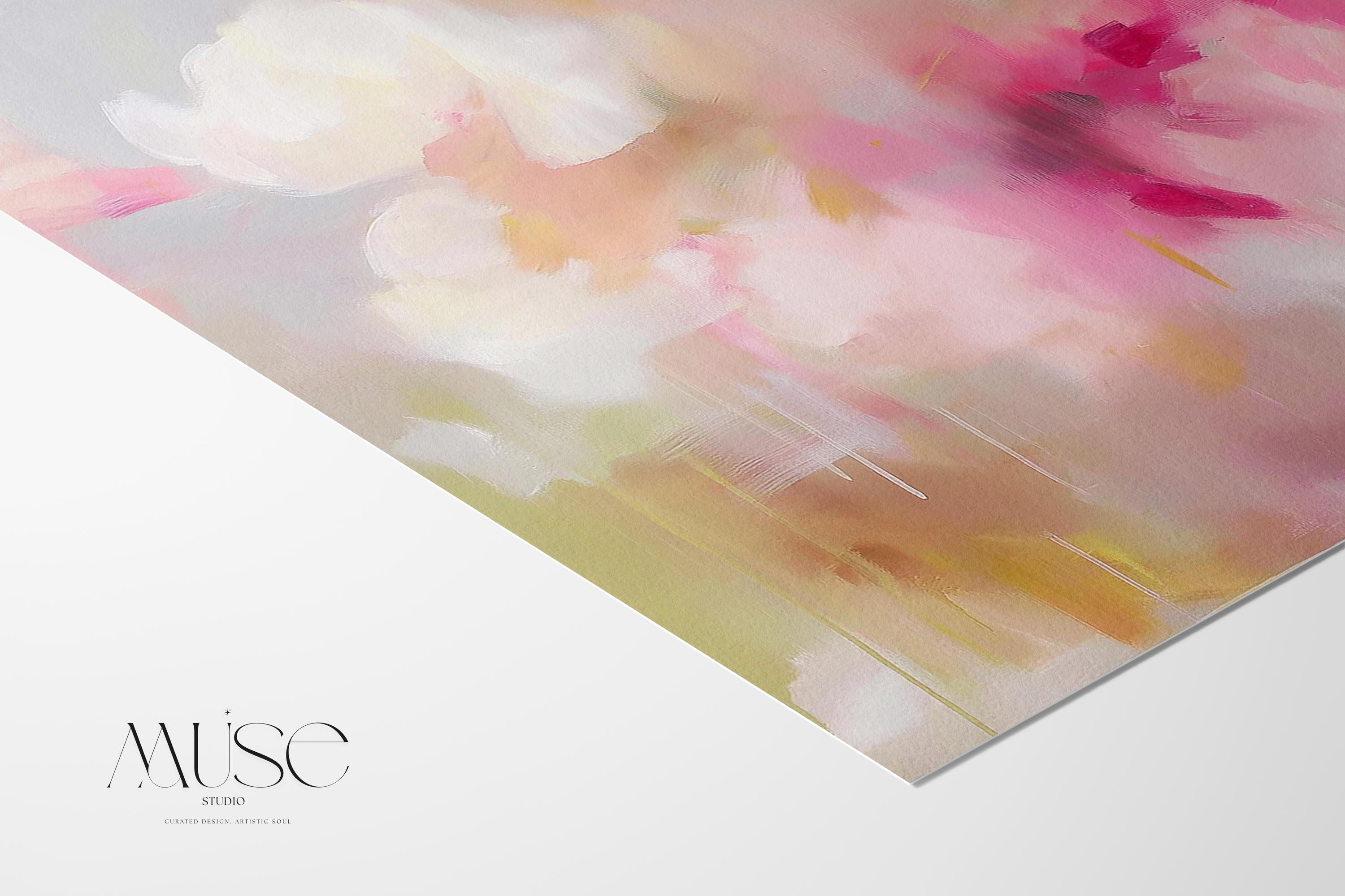 Floral abstract wall art by Muse Studio titled Golden Bloom 053, featuring blush pink, ochre, and ivory pastel tones in a modern cottage composition, printed with museum-quality giclée inks on gallery-wrapped canvas for refined transitional interiors.