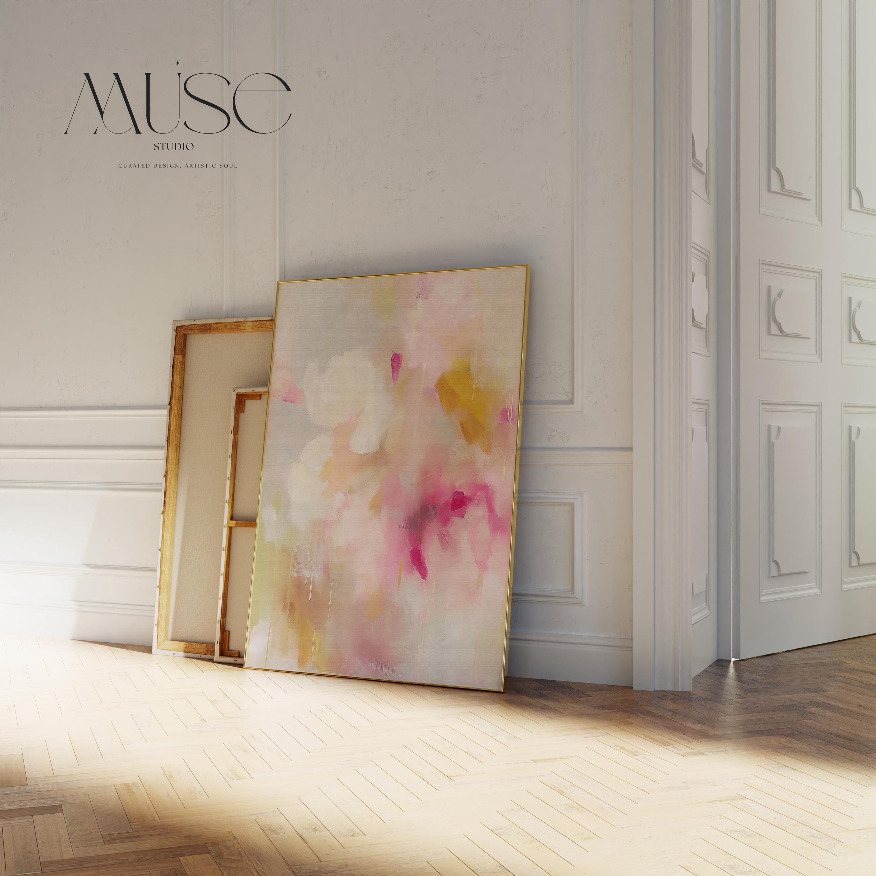 Pink Floral Abstract Canvas Art: Soft Peony & Chartreuse Vertical Print