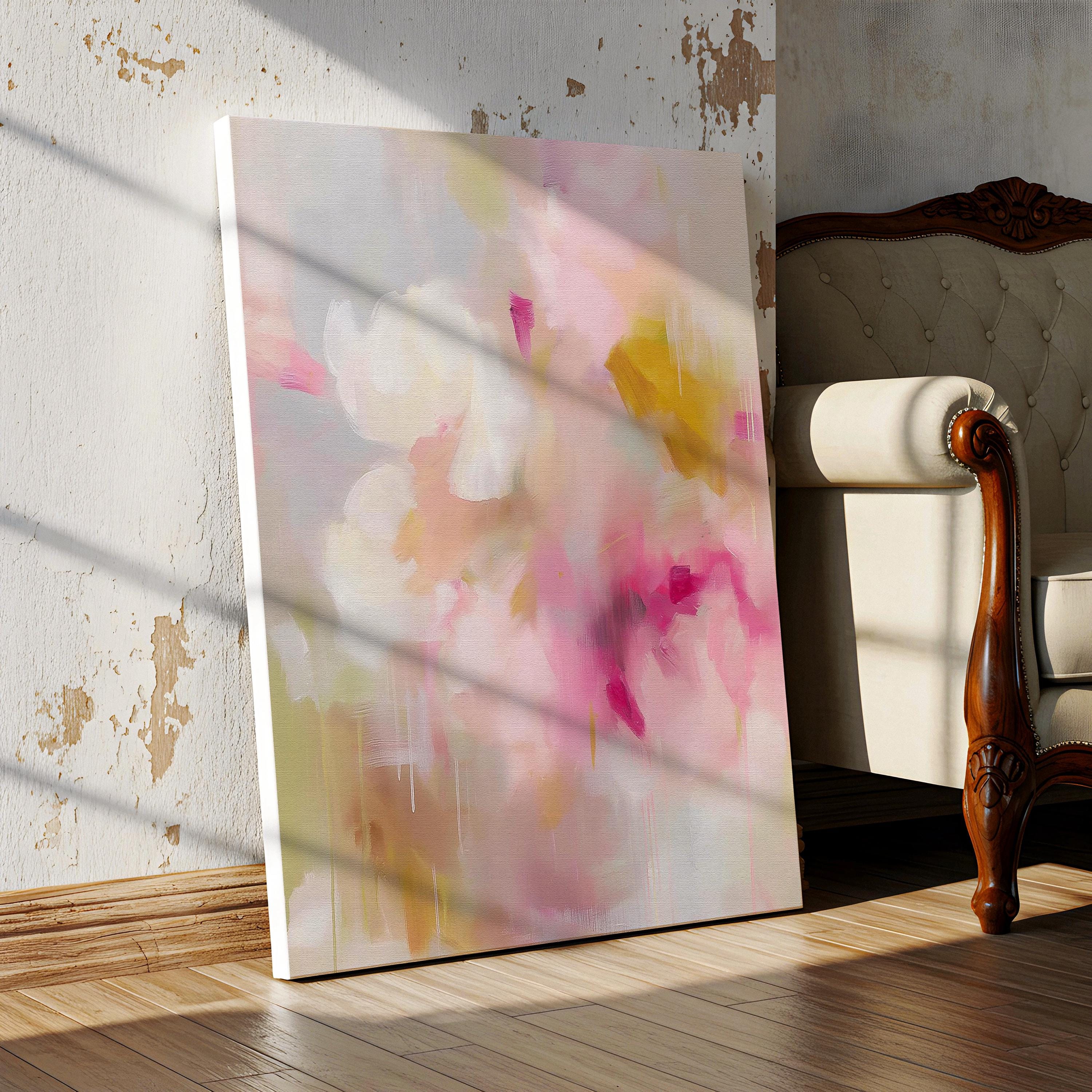 Floral abstract wall art by Muse Studio titled Golden Bloom 053, featuring blush pink, ochre, and ivory pastel tones in a modern cottage composition, printed with museum-quality giclée inks on gallery-wrapped canvas for refined transitional interiors.