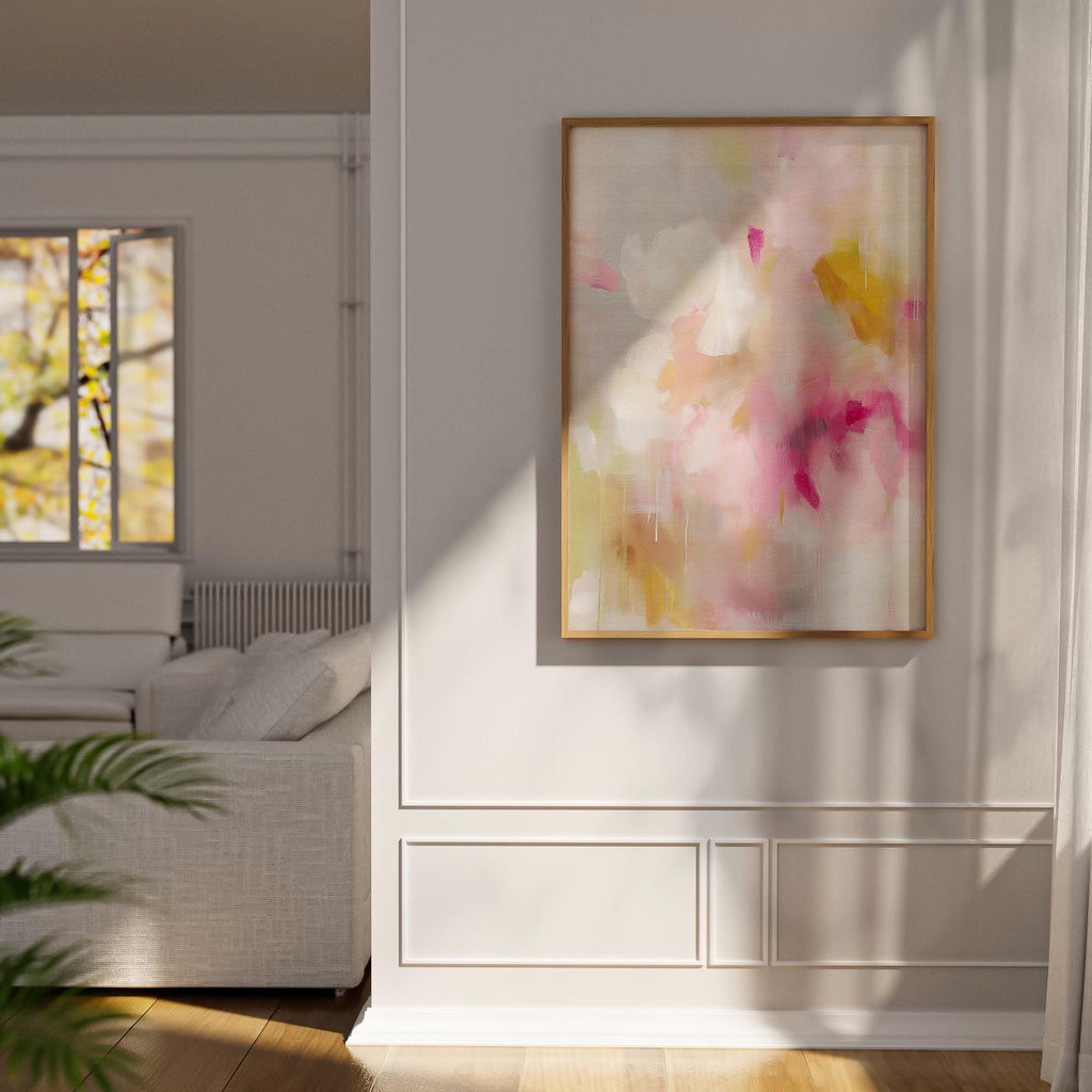 Vertical Art Print Floral Wall Art in Pink Ochre Beige, Soft Pastel Abstract Giclée, Grand-millennial Transitional Bedroom Decor • MUSE 053