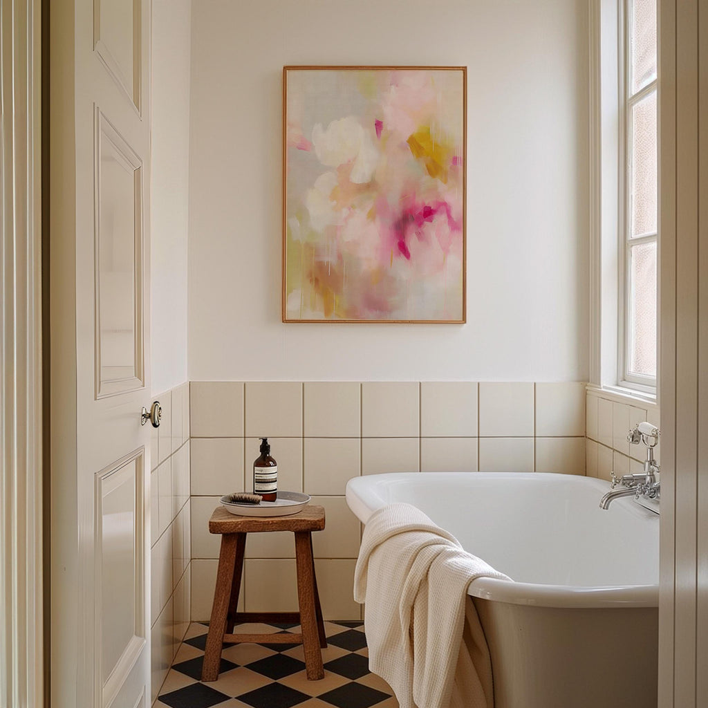 Vertical Art Print Floral Wall Art in Pink Ochre Beige, Soft Pastel Abstract Giclée, Grand-millennial Transitional Bedroom Decor • MUSE 053