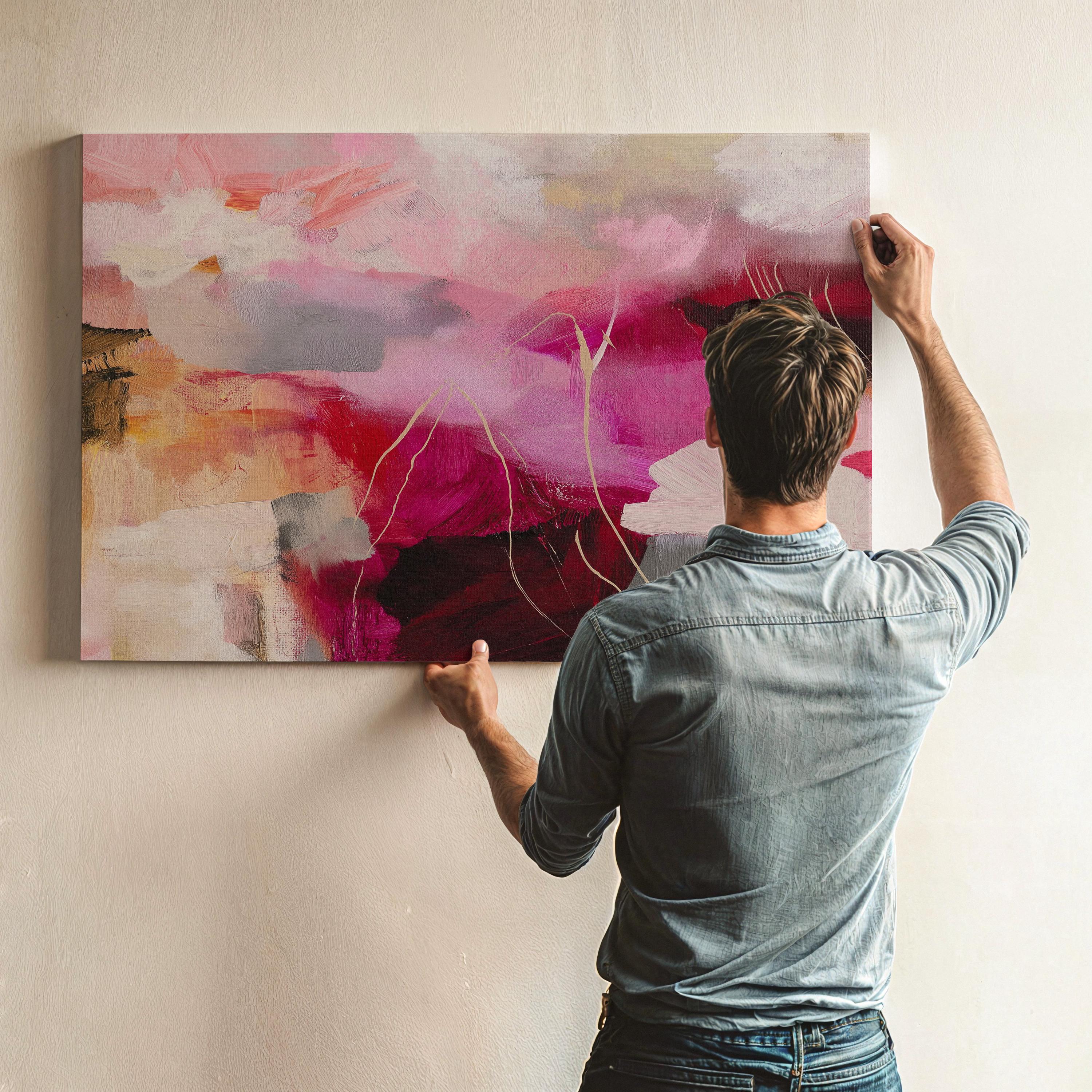 Bold pink and crimson floral abstract canvas with layers of soft blush, terracotta, and warm neutral tones. This horizontal composition adds dramatic energy and romantic warmth to bedrooms, office walls, or layered boho interiors. Available as a fine art poster or canvas wall art for curated, color-forward decor.