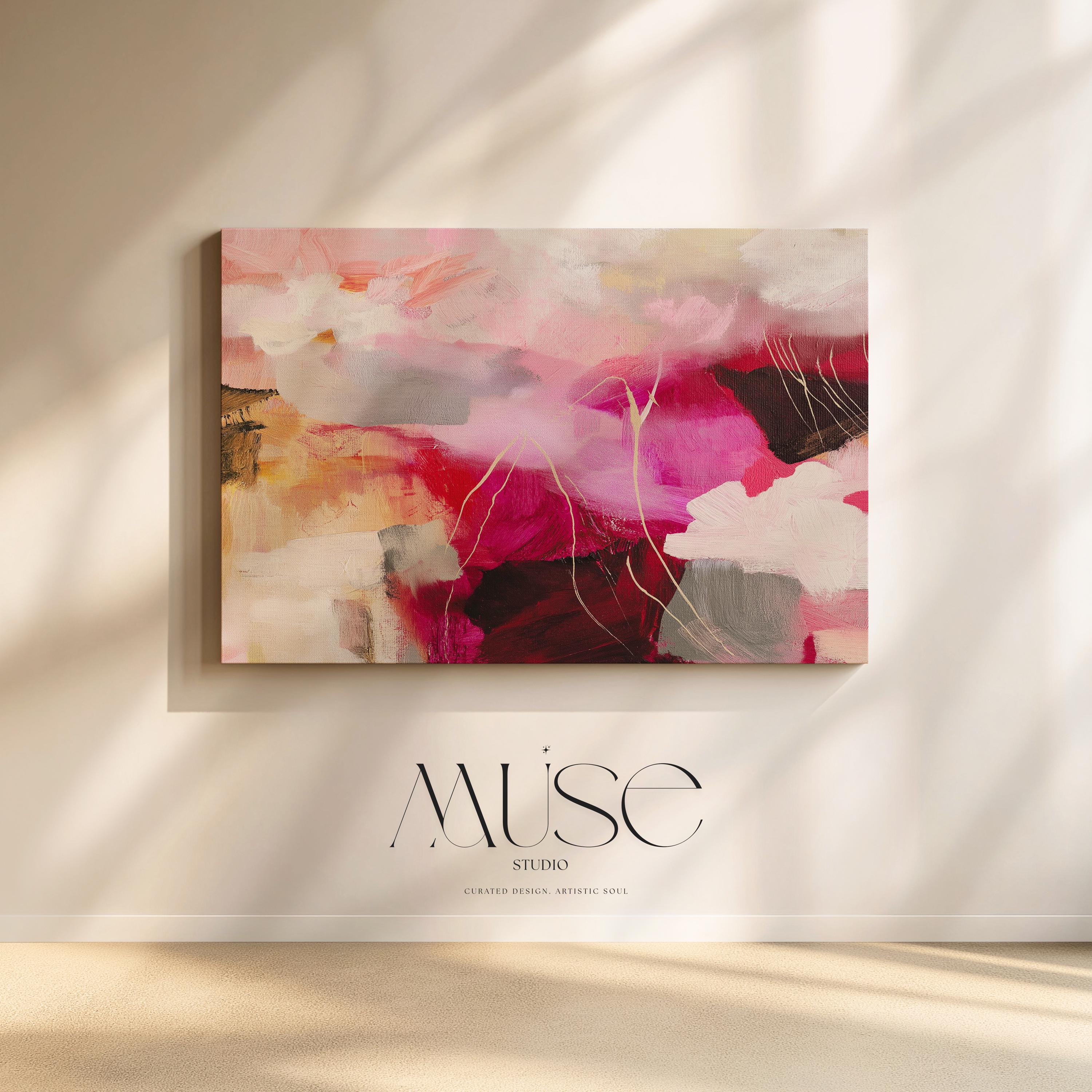 Bold pink and crimson floral abstract canvas with layers of soft blush, terracotta, and warm neutral tones. This horizontal composition adds dramatic energy and romantic warmth to bedrooms, office walls, or layered boho interiors. Available as a fine art poster or canvas wall art for curated, color-forward decor.