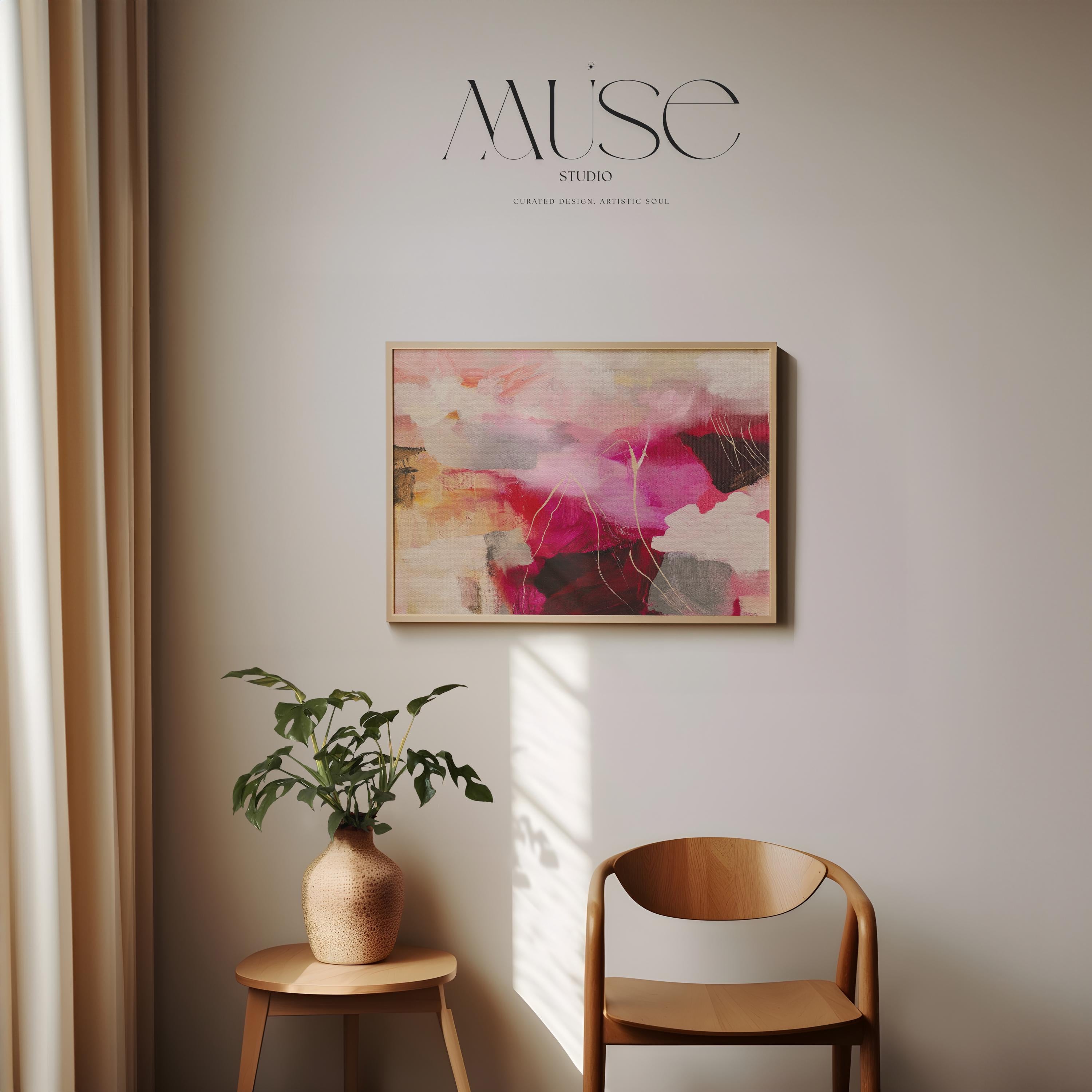 Bold pink and crimson floral abstract canvas with layers of soft blush, terracotta, and warm neutral tones. This horizontal composition adds dramatic energy and romantic warmth to bedrooms, office walls, or layered boho interiors. Available as a fine art poster or canvas wall art for curated, color-forward decor.