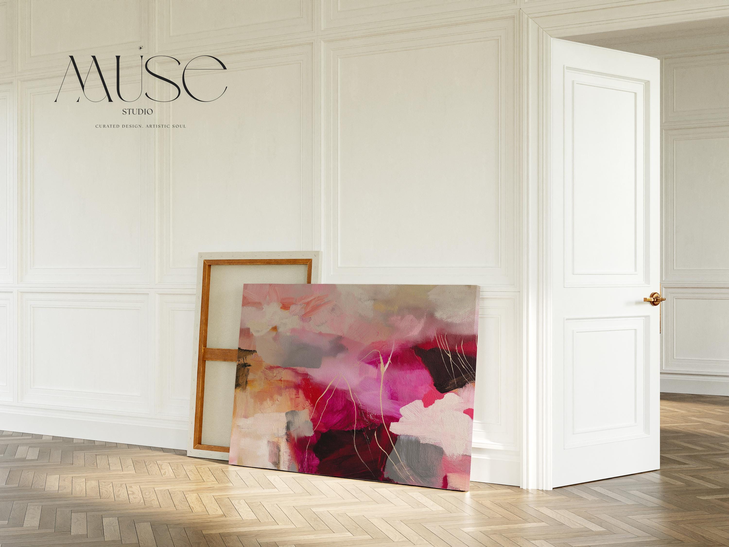 Bold pink and crimson floral abstract canvas with layers of soft blush, terracotta, and warm neutral tones. This horizontal composition adds dramatic energy and romantic warmth to bedrooms, office walls, or layered boho interiors. Available as a fine art poster or canvas wall art for curated, color-forward decor.
