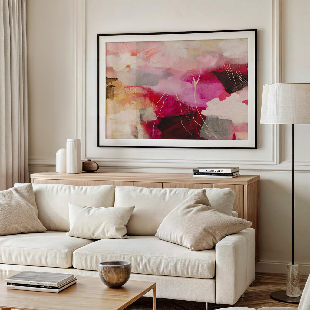Bold pink and crimson floral abstract canvas with layers of soft blush, terracotta, and warm neutral tones. This horizontal composition adds dramatic energy and romantic warmth to bedrooms, office walls, or layered boho interiors. Available as a fine art poster or canvas wall art for curated, color-forward decor.